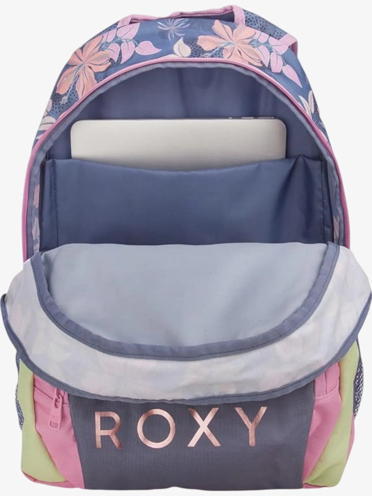 Roxy Shadow Swell Printed Backpack - Blue Pink Floral Design for Women, Perfect for School, Travel & Outdoor Adventures