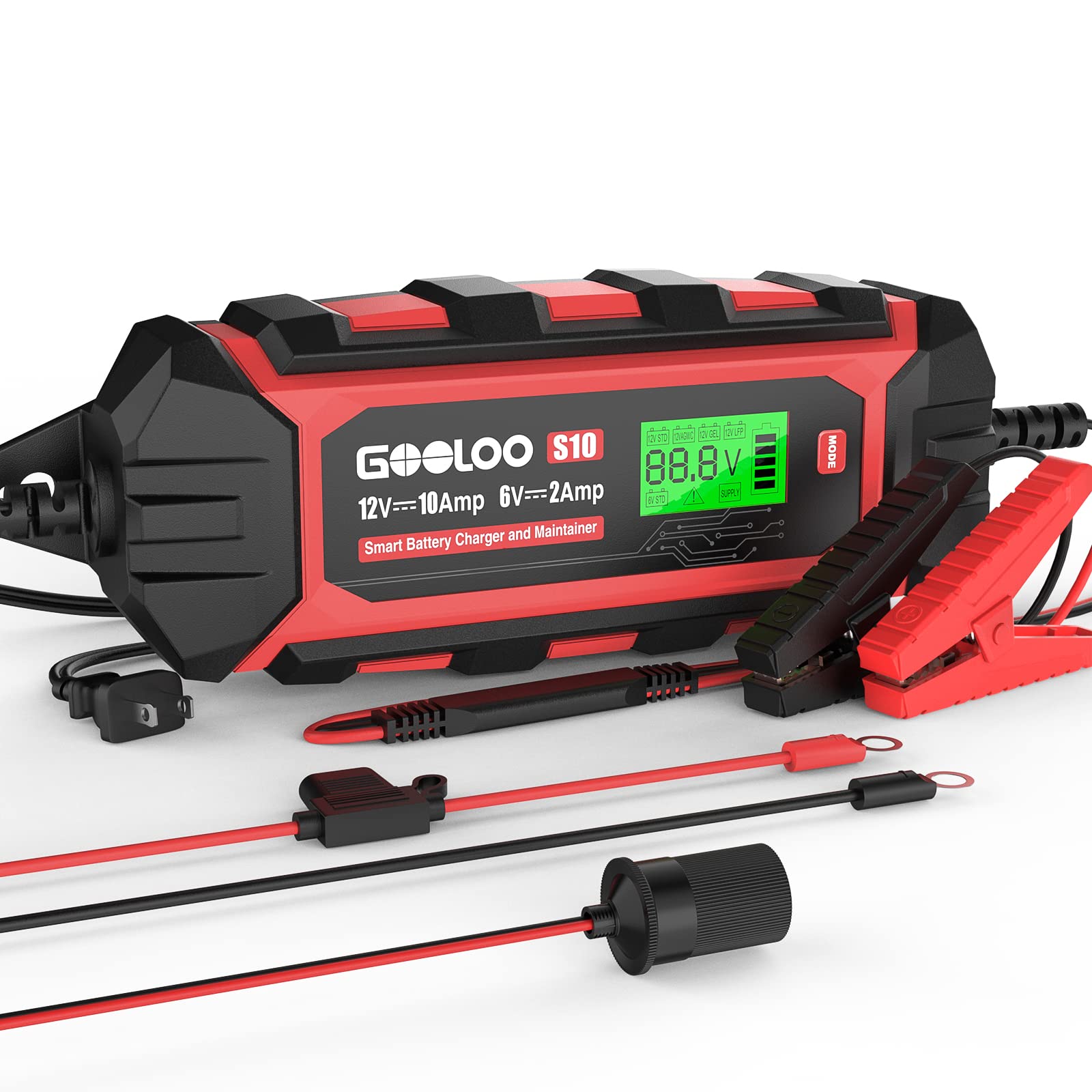 GOOLOO 10-Amp 6V/12V Smart Car Battery Charger & Maintainer - Automatic Trickle Charger with Desulfation for Lead-Acid Batteries - Ideal for Cars, Trucks, Motorcycles & Seasonal Vehicles (Model S10)