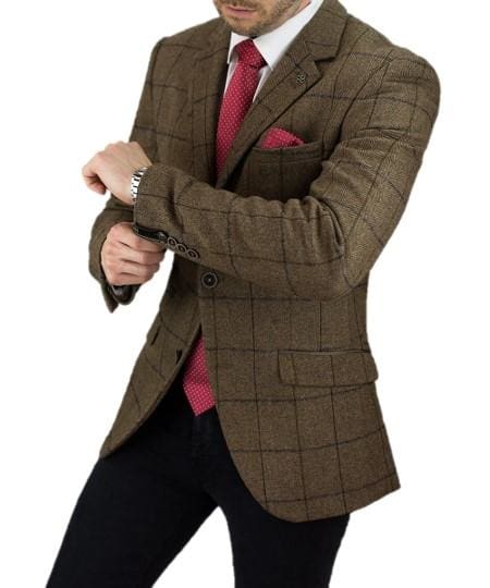 Cavani Sergio Brown Men's Slim Fit Tweed Style Jacket - Classic Vintage Blazer for Business, Office & Formal Occasions