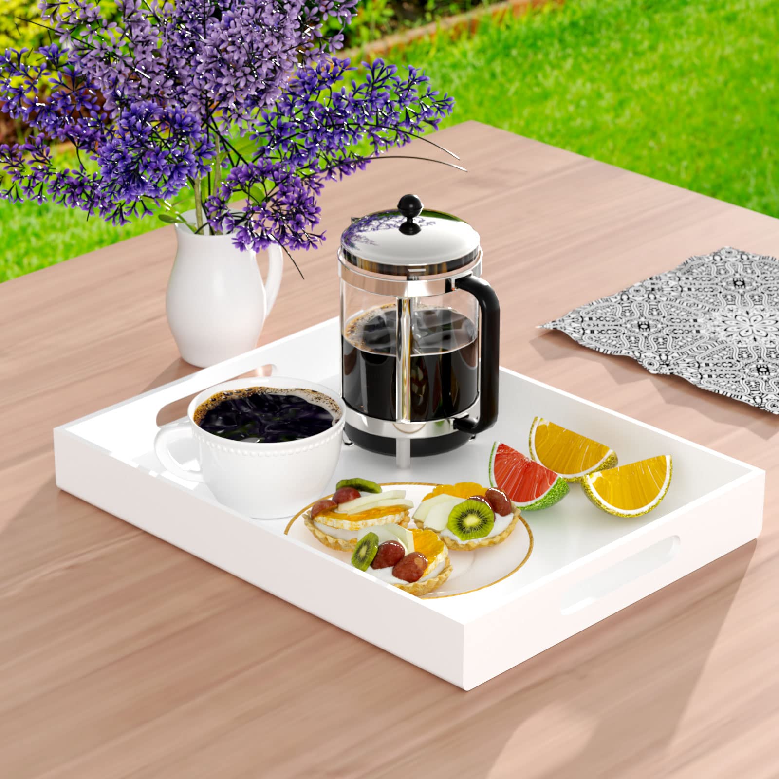 NIUBEE 12x16 Inches Acrylic Serving Tray - Spill Proof White Decorative Tray with Handles - Ottoman Coffee Table Organizer | Perfect for Living Room, Bedroom & Kitchen Countertop Organization