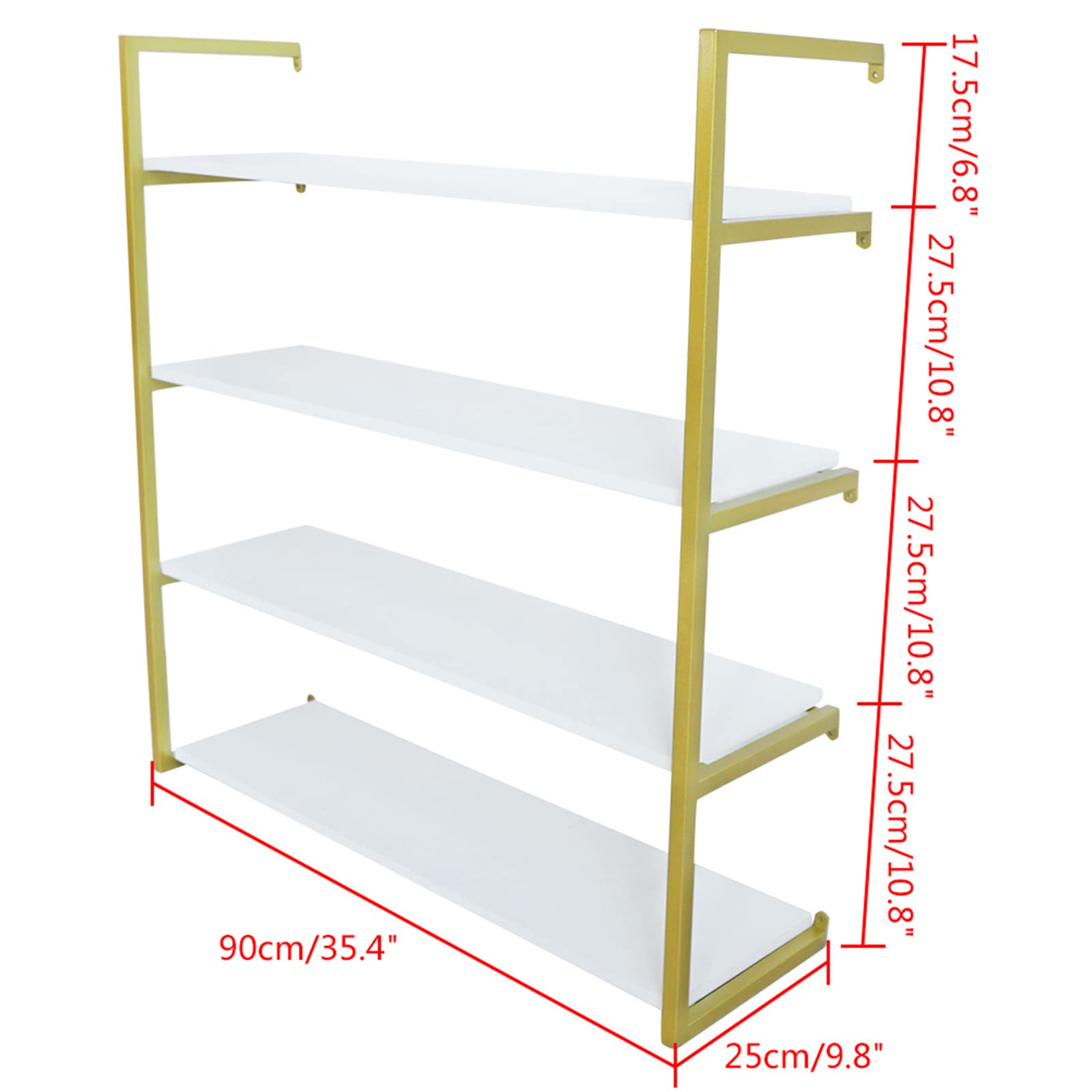 DYRABREST 4-Tier Floating Wall Shelves - Rustic Wood Wall Mounted Bookshelf for Living Room, Office, Bedroom - Gold Finish | Perfect for Home Decor, Book Storage & Displaying Decorative Items