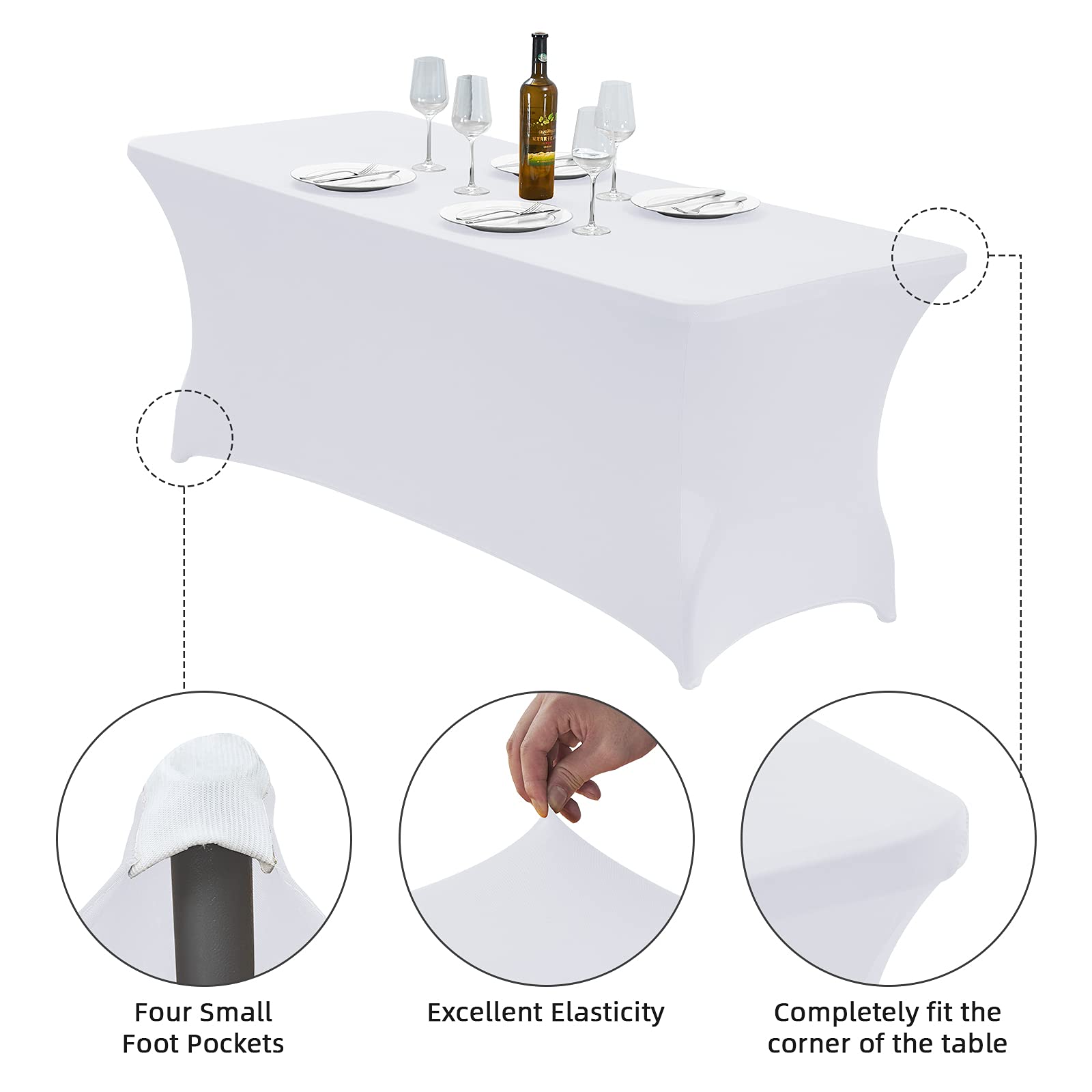4FT Stretch Spandex Table Cover for Rectangular Tables - Elastic Fitted Tablecloth for Folding Tables, Wrinkle Resistant & Durable - Perfect for Parties, Weddings, Banquets, Events & Home Decor (White)