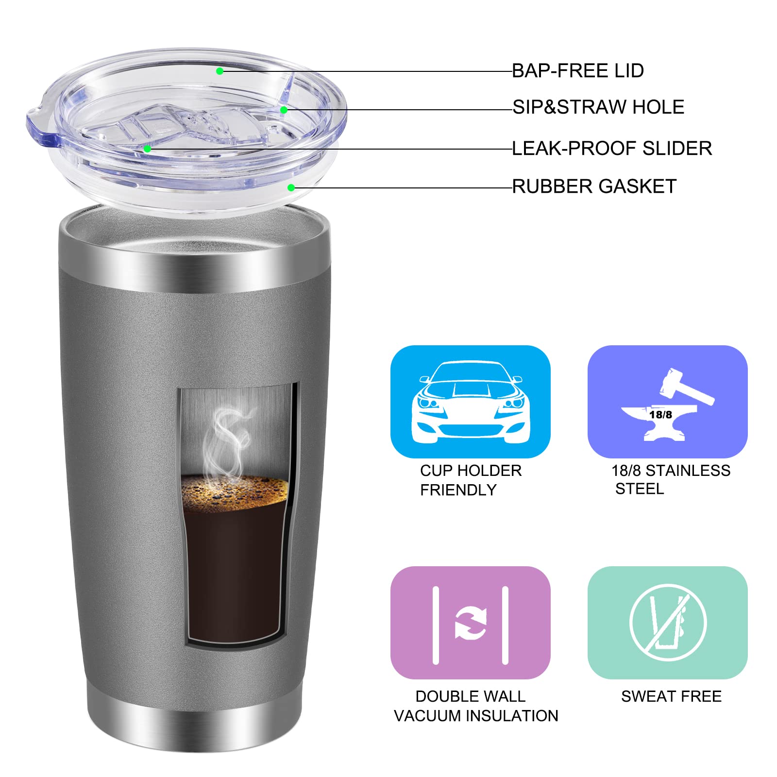 VEGOND 20oz Stainless Steel Tumbler with Lid & Straw - Vacuum Insulated Double Wall Travel Mug, Powder Coated Coffee Cup (Grey, 12 Pack) - Perfect for Office, Gym, Camping & Outdoor Activities
