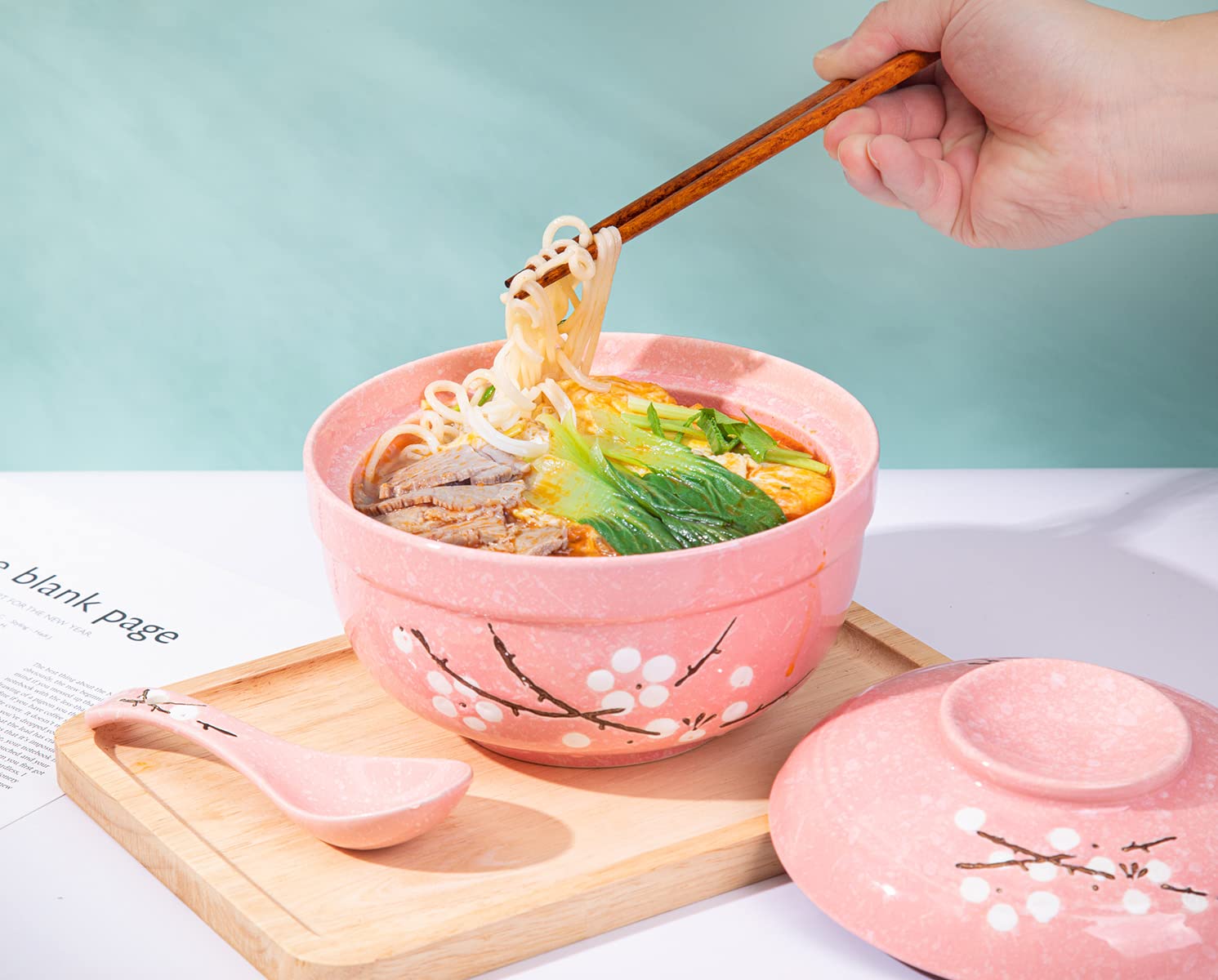 Japanese Hand-Painted Ceramic Ramen Bowls with Spoon - 27.5oz Large Microwave & Dishwasher Safe Soup Bowls - Heat Preserving Pink Rice/Noodle Bowls for Home, Restaurant & Gift Giving