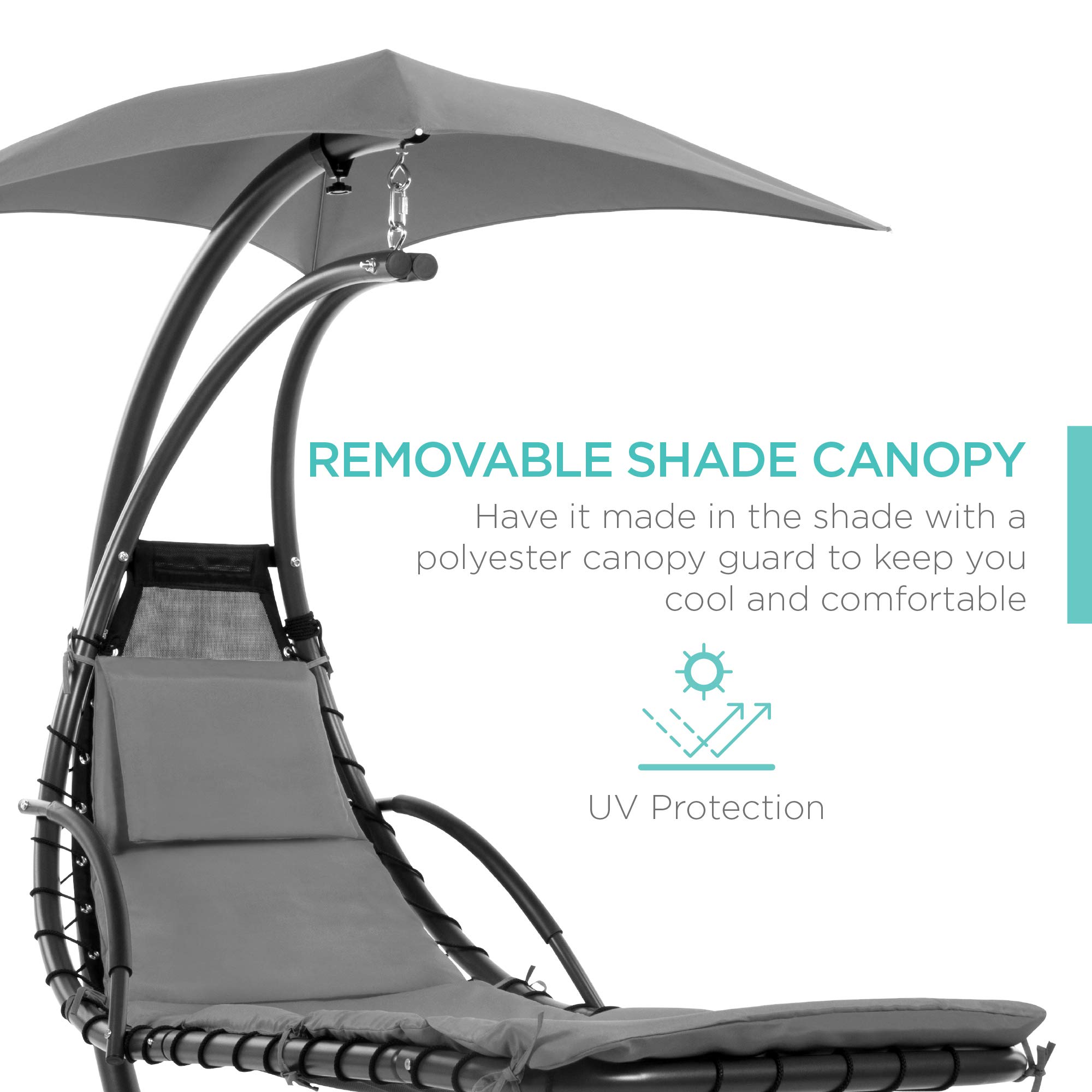 Best Choice Products Outdoor Hanging Chaise Lounge Chair Swing - Steel Frame with Built-in Pillow & Removable Canopy, Charcoal Gray - Perfect for Patio, Garden, Poolside Relaxation