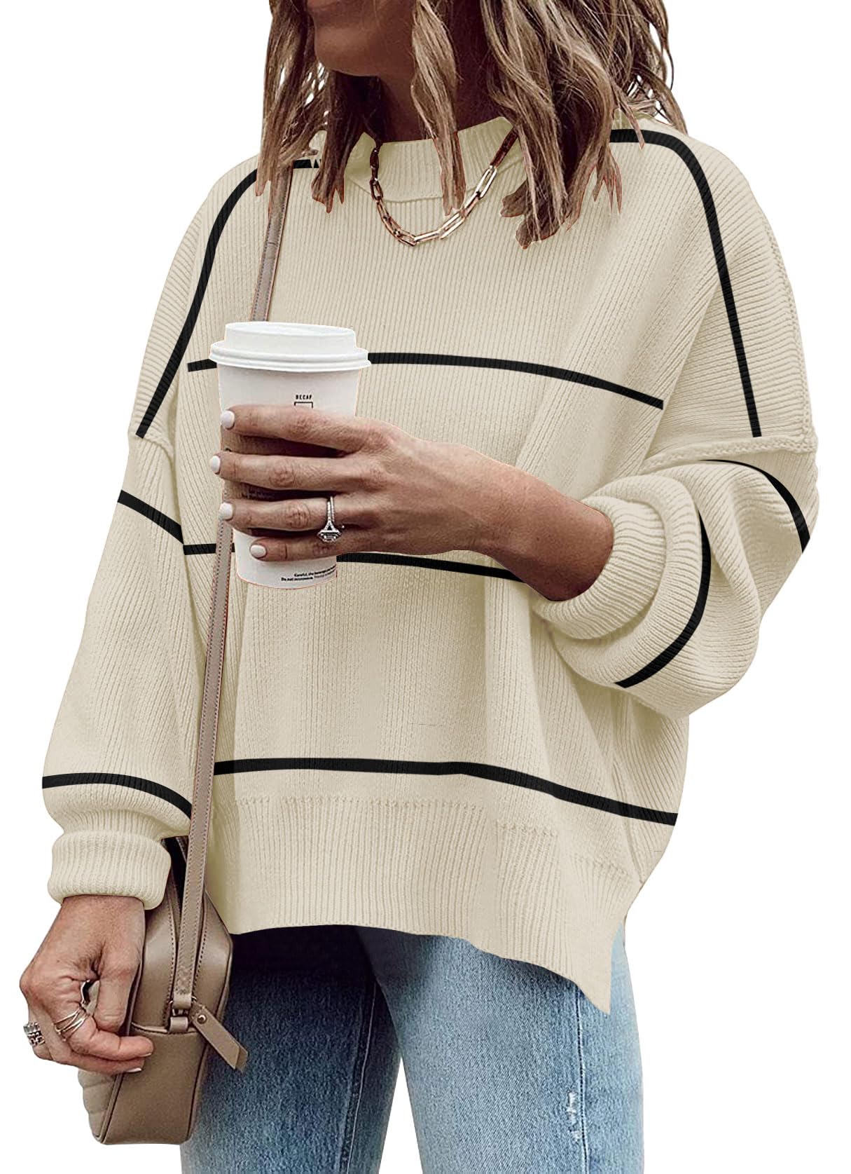 Women's Oversized Batwing Crewneck Sweater - Long Sleeve Ribbed Knit Pullover with Side Slits | Cozy Winter Fashion, Casual Outfit, Layering Essential for Fall & Winter