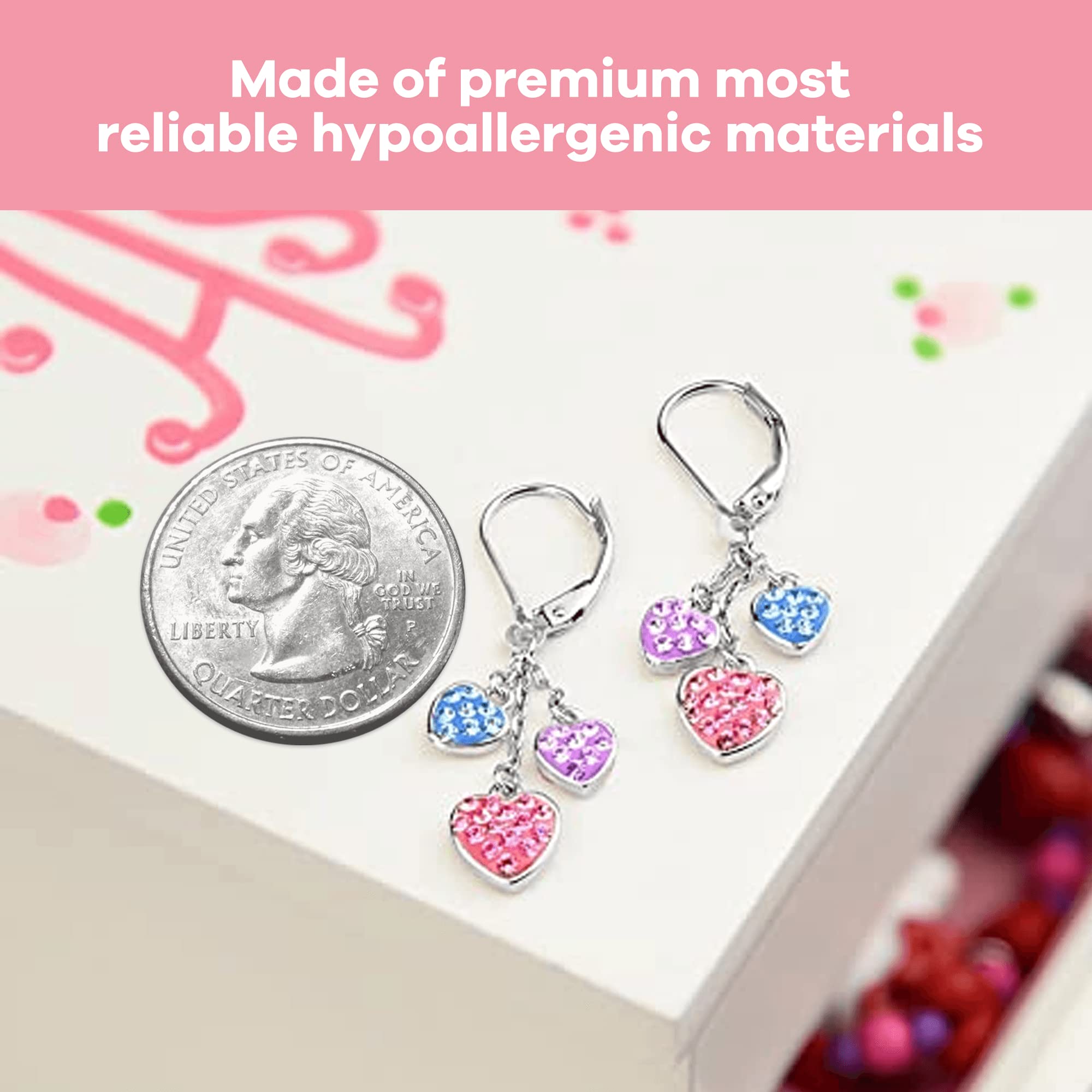 Hypoallergenic 925 Silver Kids Hoop Earrings with 3 Mini Hearts & Crystals - Gold or White Tone Leverback Earrings for Girls | Perfect for Birthday Gifts, School Events & Special Occasions