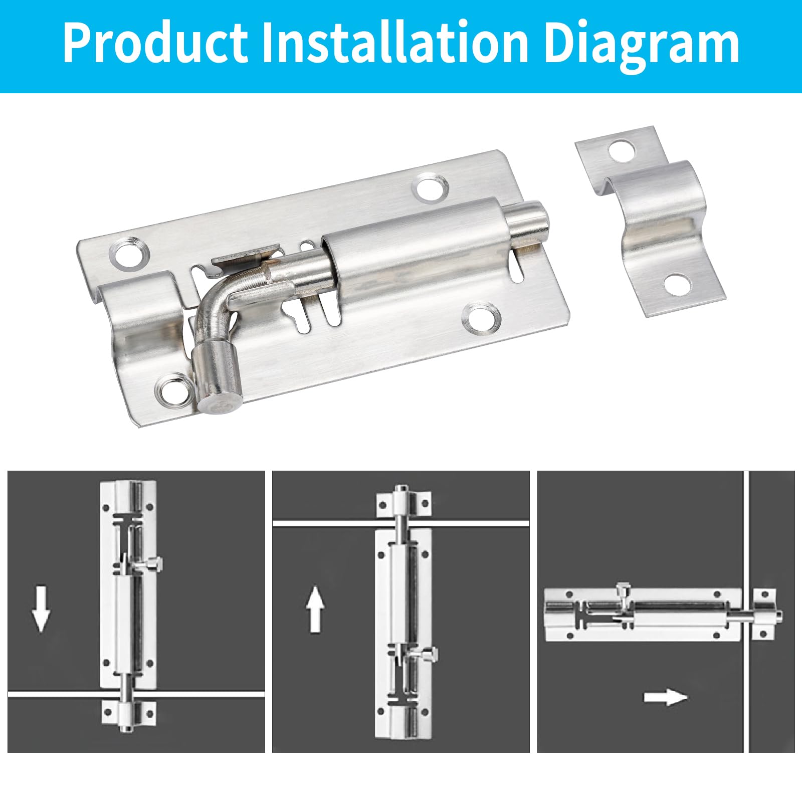 3 Inch Stainless Steel Security Slide Bolt Latch Lock - Heavy Duty Gate & Door Sliding Lock (4 Pack) - Easy Installation for Home, Garage, Shed & Fence Security