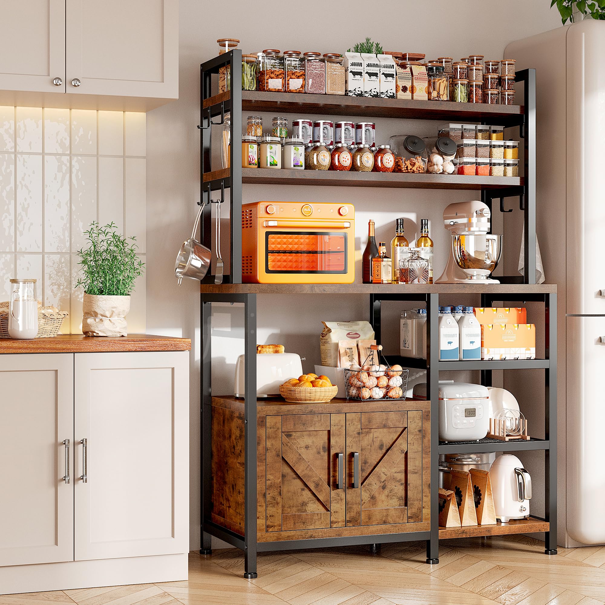 EnHomee Bakers Rack with Storage Cabinet - 6 Tier Kitchen Organizer with 8 Side Hooks, Large Capacity Microwave Stand for Coffee Bar & Kitchen Storage - Perfect for Small Spaces, Apartments & Home Organization
