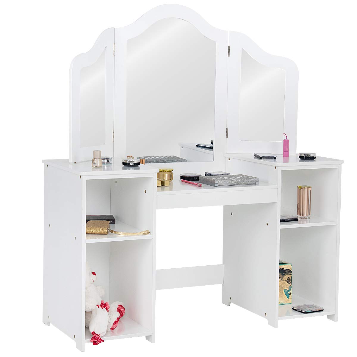GOFLAME Kids Vanity Table with Writing Desk - 2 in 1 Detachable Princess Style Vanity Set, White MDF with Plastic Mirror, 42