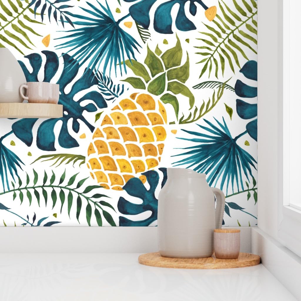Removable Wallpaper Swatch - Tropical Pineapple Blue Yellow Leaves Design | Pre-Pasted Peel & Stick Wallpaper for Kitchen, Bathroom, Nursery | Spoonflower Custom Summer Fruit Decor