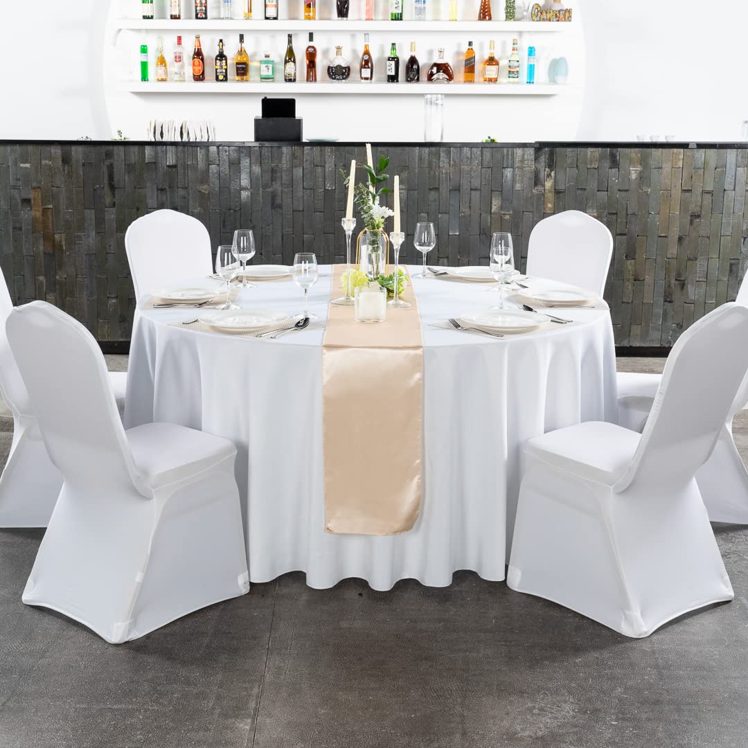 Restaurantware Table Tek 12 x 108 Inch Satin Table Runners - Set of 10 Machine Washable Decorative Sand Polyester Table Runners for Weddings, Parties, Events & Banquets - Perfect for Dining Tables, Buffets, and Reception Decorations