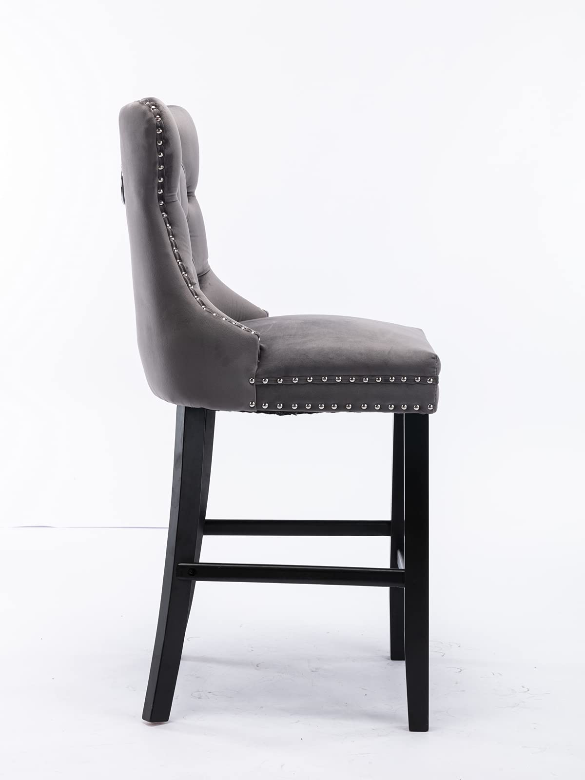 Velvet Bar Stools Set of 2 - Farmhouse Style Button Tufted Counter Height Dining Chairs with Back Support & Footrest - Nail Head Trim & Pull Ring Bar Stools for Kitchen Island, Home Bar, Breakfast Nook - Comfortable Gray Upholstered Seating for Entertaining & Relaxing
