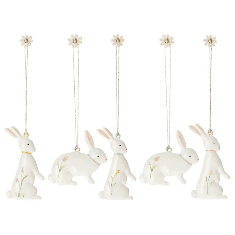 Maileg Easter Bunny Ornaments - Set of 5 Handmade Wooden Decorations for Easter Tree & Spring Home Decor