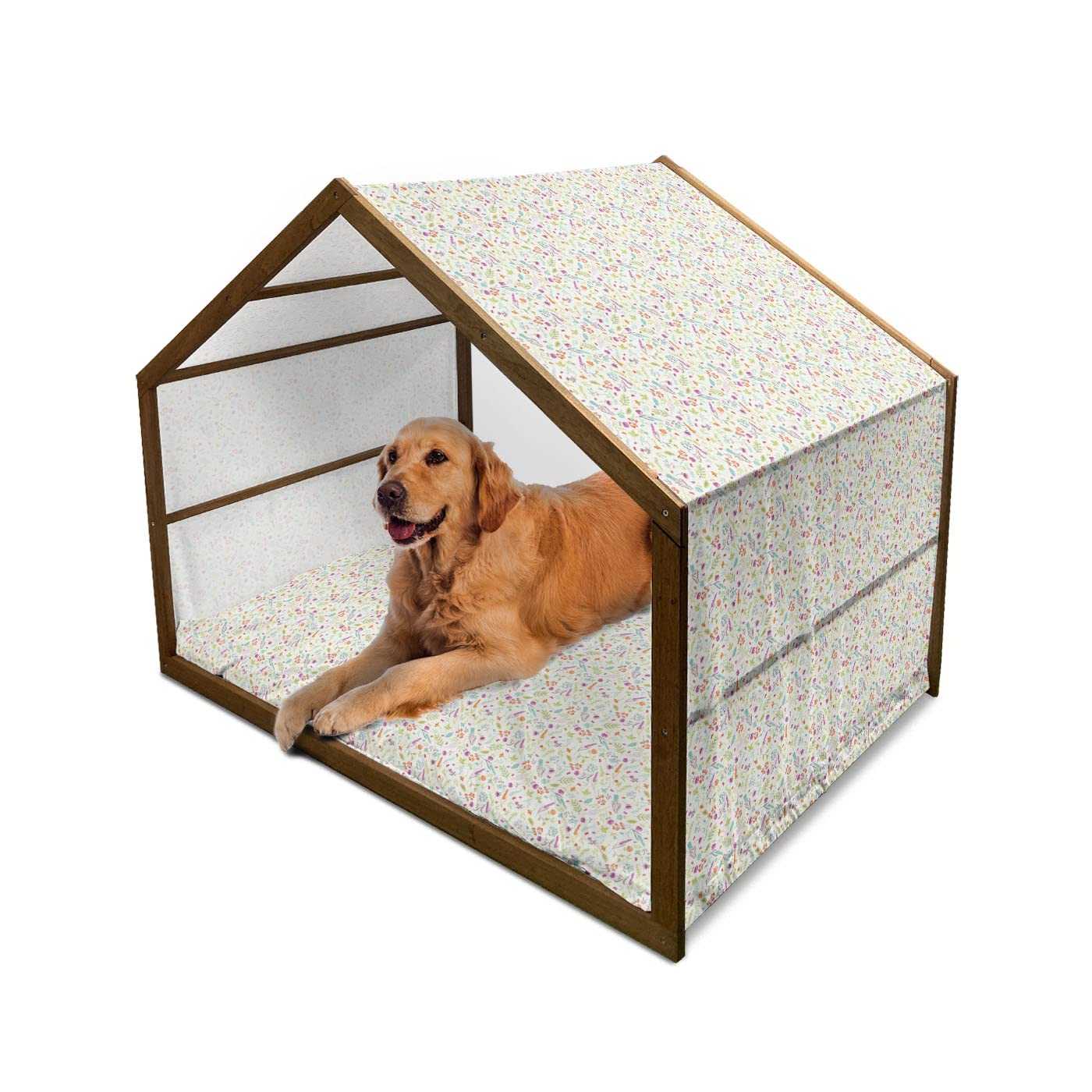 Lunarable Botany Wooden Dog House - Spring Themed Cartoon Floral Pattern, Indoor & Outdoor Portable Pet Kennel with Pillow & Cover, 2X-Large Size in Ivory & Multicolor - Perfect for Backyards, Patios, and Cozy Indoor Pet Spaces