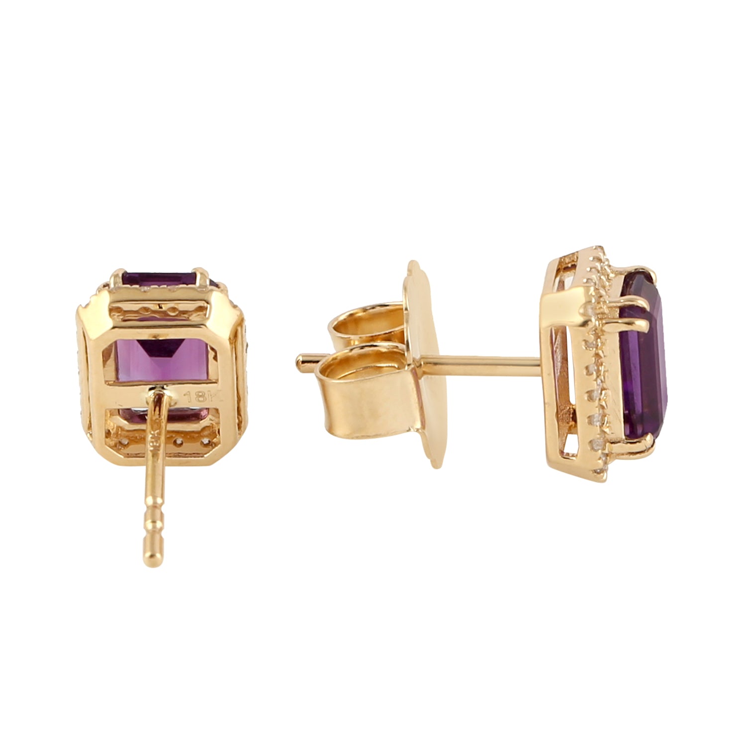 Emerald Cut Amethyst Pave Diamond 18k Solid Yellow Gold Stud Earrings for Women | Luxury Wedding, Anniversary & Evening Party Jewelry Gift