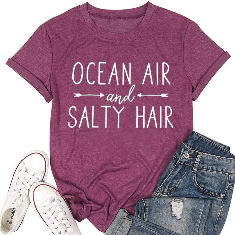 Ocean Air and Salty Hair Women's Graphic T-Shirt - Casual Short Sleeve Funny Tee for Beach, Vacation & Summer Outfits | Athletic Comfort Fit