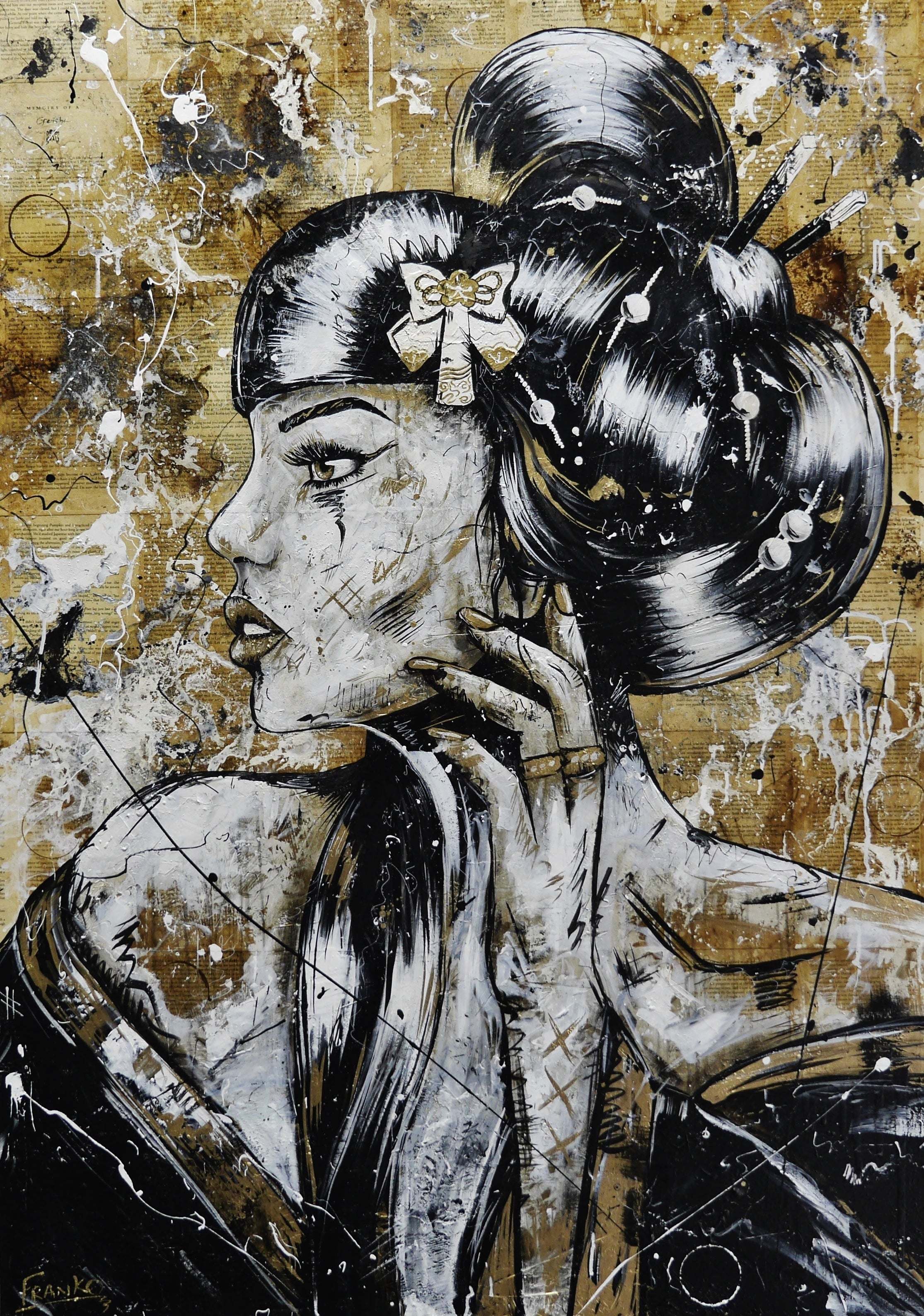 Golden Tigerlily 100cm x 140cm Geisha Abstract Realism Canvas Art Print - Japanese Inspired Wall Decor for Living Room, Bedroom & Office