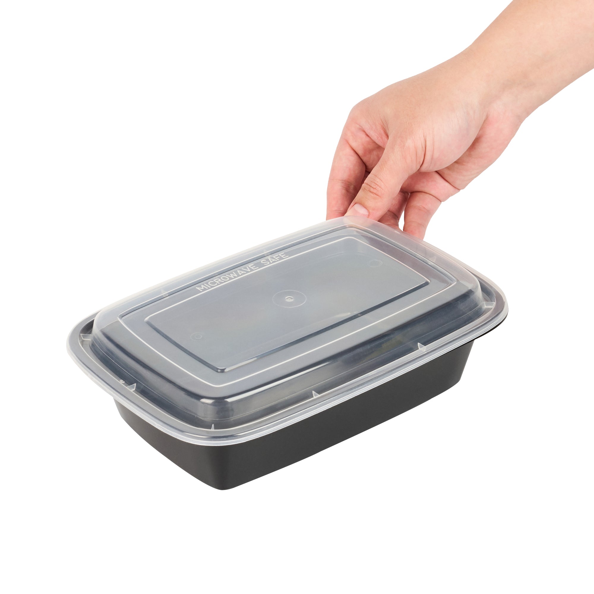 38 oz Black Rectangle Plastic Food Storage Containers with Clear Lids - Microwave Safe To-Go Boxes (8.75