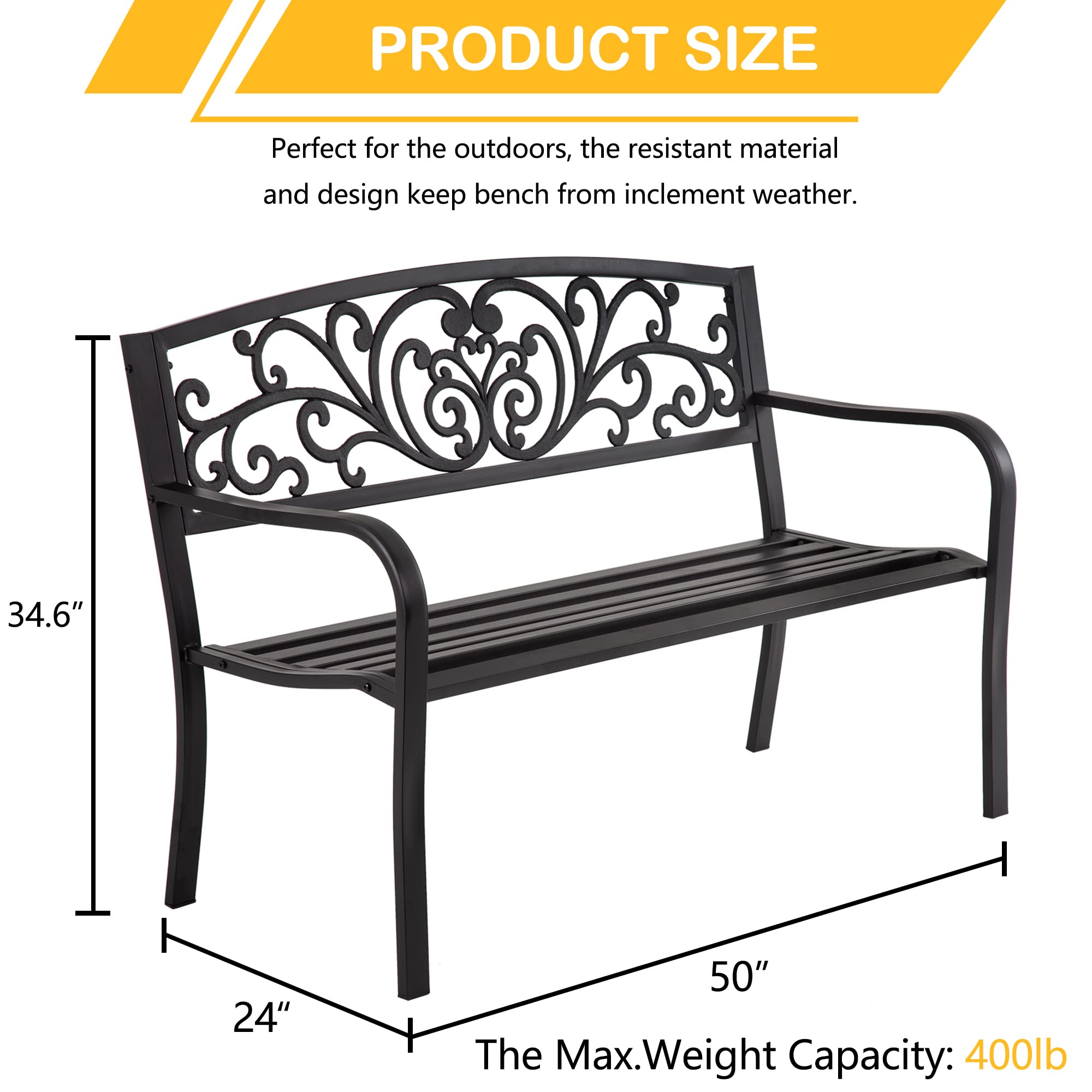 500 LB Heavy Duty Garden Bench for 2-3 People - Durable Outdoor Patio Bench with Armrests - Comfortable Black Seating for Park, Yard, Deck & Entryway - Perfect for Relaxing in Gardens, Backyards & Outdoor Spaces