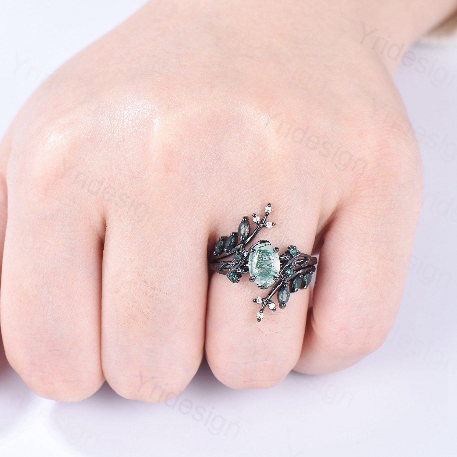 Unique Black Gold Gothic Moss Agate Ring Set - Oval Green Marquise Cut with Leaf Vine Design for Engagement, Bridal & Wedding Jewelry - Perfect for Nature-Inspired Boho, Vintage & Gothic Fashion Lovers