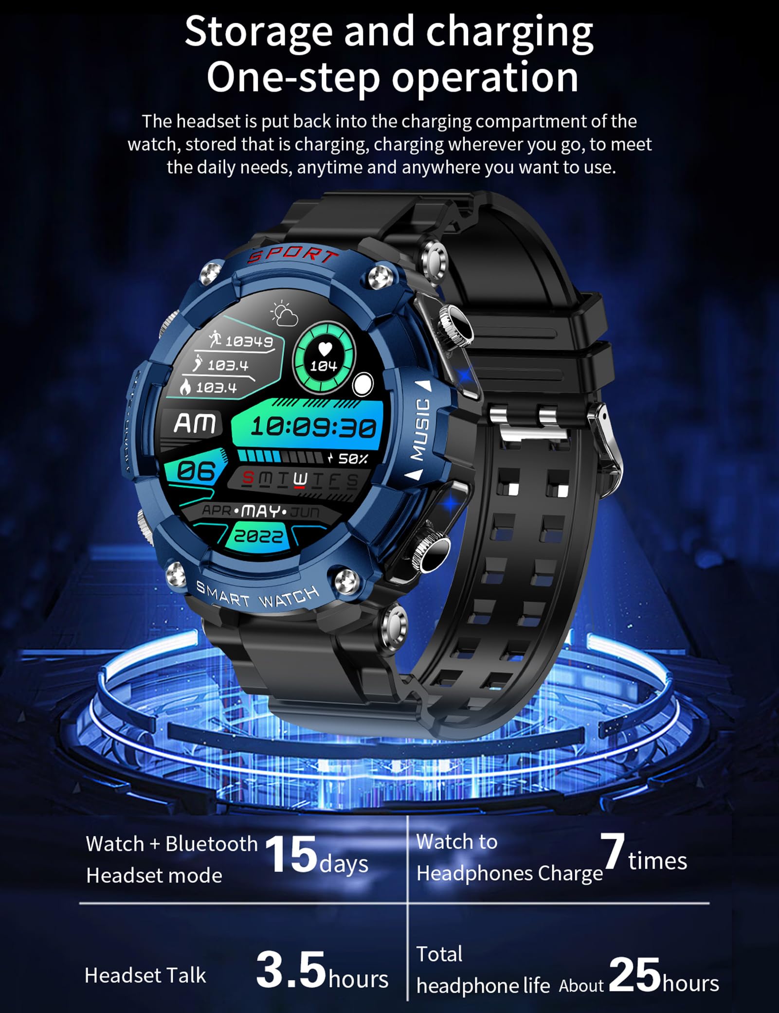 1.52'' HD Rugged Military Smart Watch with Bluetooth Earbuds - 3-in-1 Fitness Tracker with Heart Rate Monitor, Sleep Tracking & Local Music Storage | Perfect for Outdoor Activities, Workouts & Daily Use