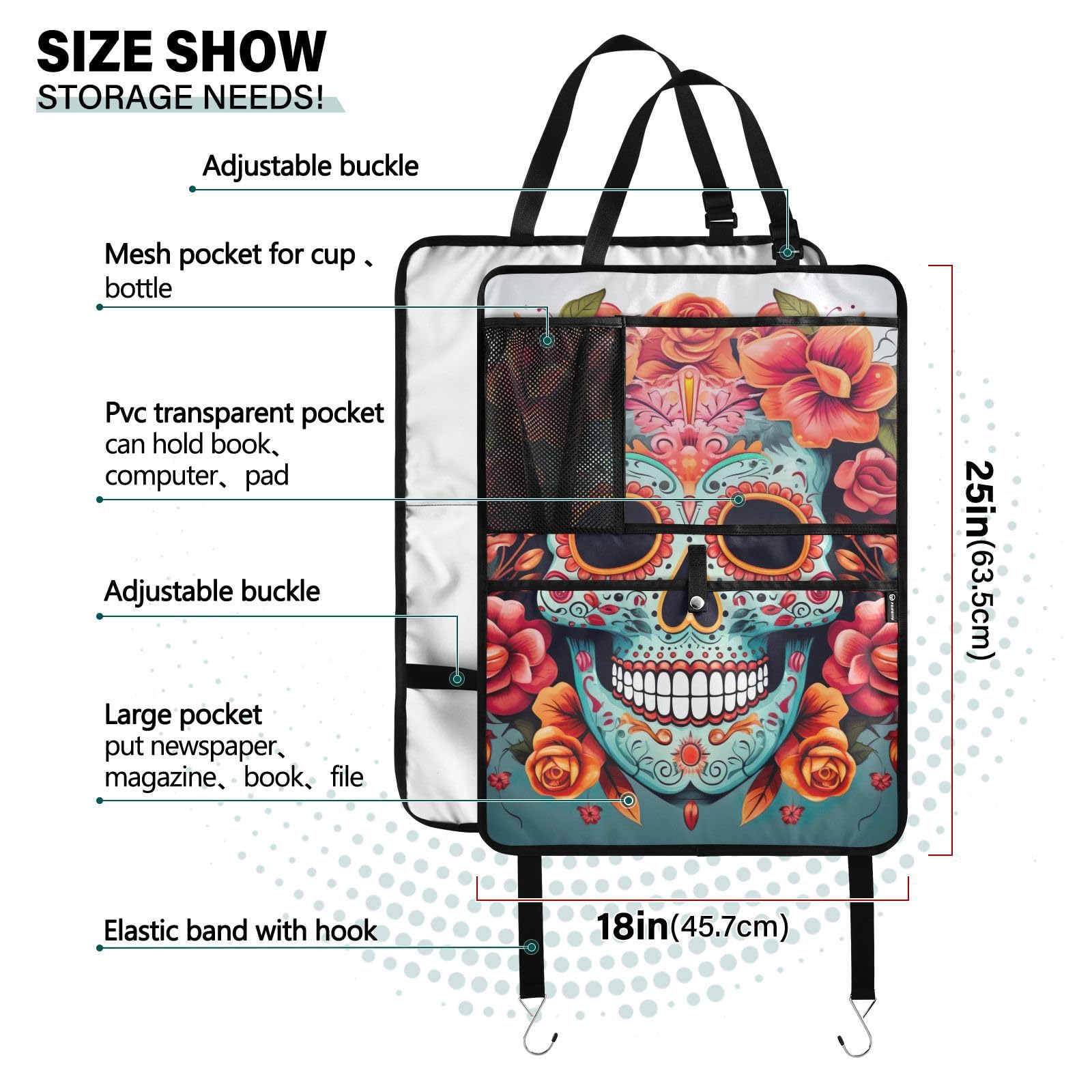 Premium 2-Pack Sugar Skull Floral Car Kick Mats - Durable Back Seat Protector for Kids with 3 Storage Pockets | Universal Fit for Trucks, SUVs & Sedans | Perfect for Road Trips, School Runs & Family Travel