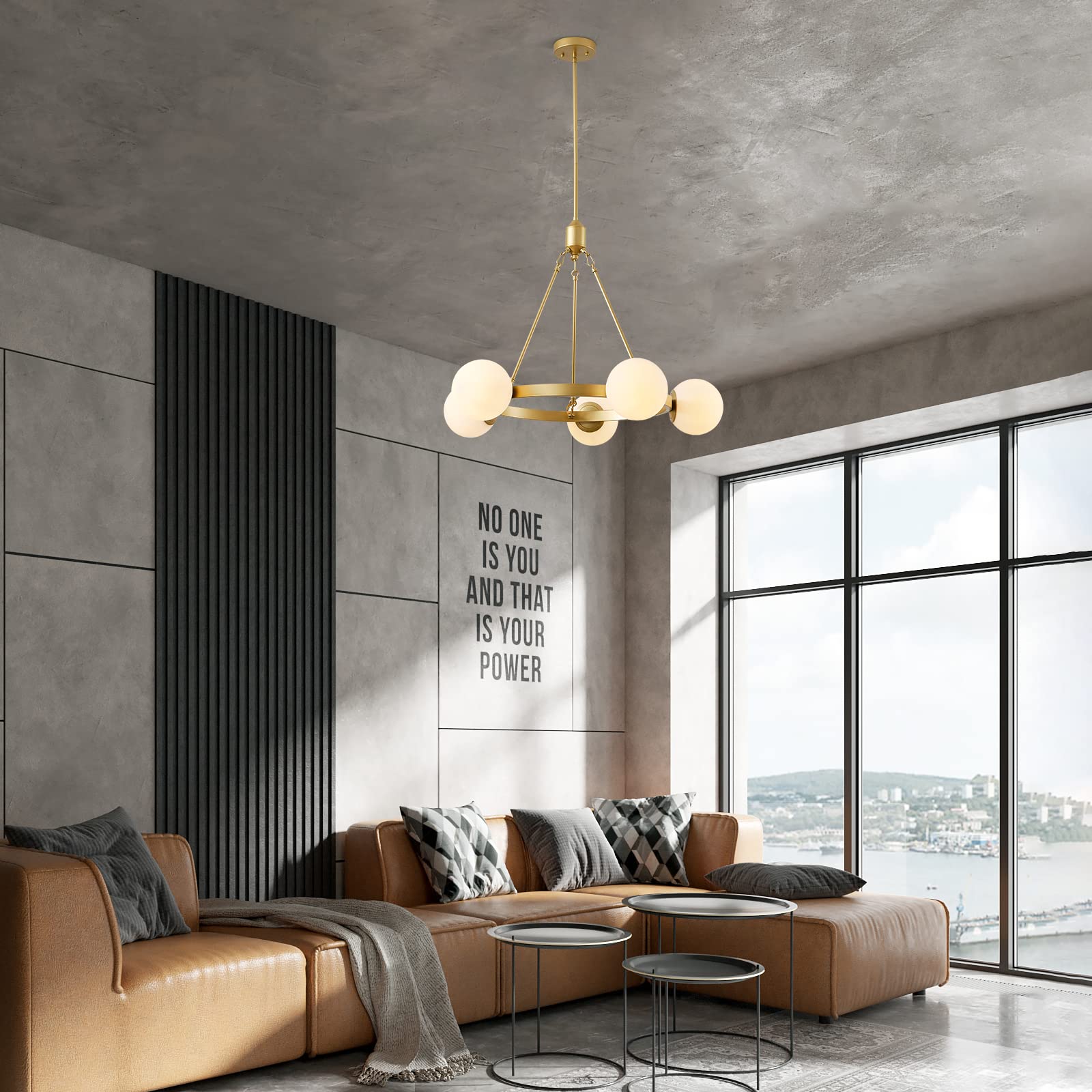 5-Light Mid Century Modern Gold Globe Chandelier - Round Pendant Light Fixture for Dining Room, Living Room, Foyer & Bedroom - Perfect Over Table Lighting & Stylish Home Decor