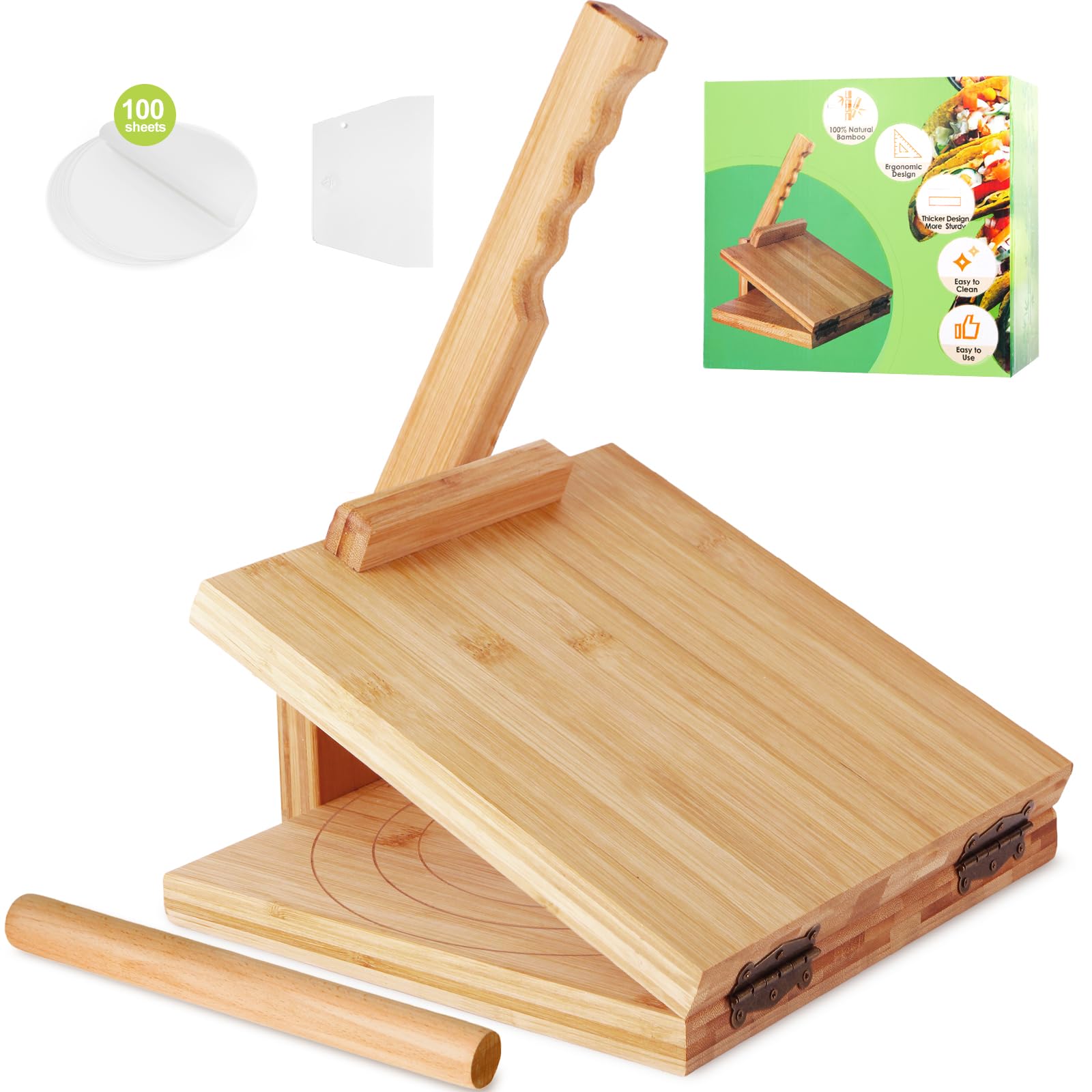 10 Inch Bamboo Wood Tortilla Press Maker - Large Roti Maker with Rolling Pin, Dough Scraper & Parchment Paper - Perfect for Homemade Tortillas, Roti, Tacos, Chapati - Ideal for Mexican, Indian Cuisine & Family Cooking