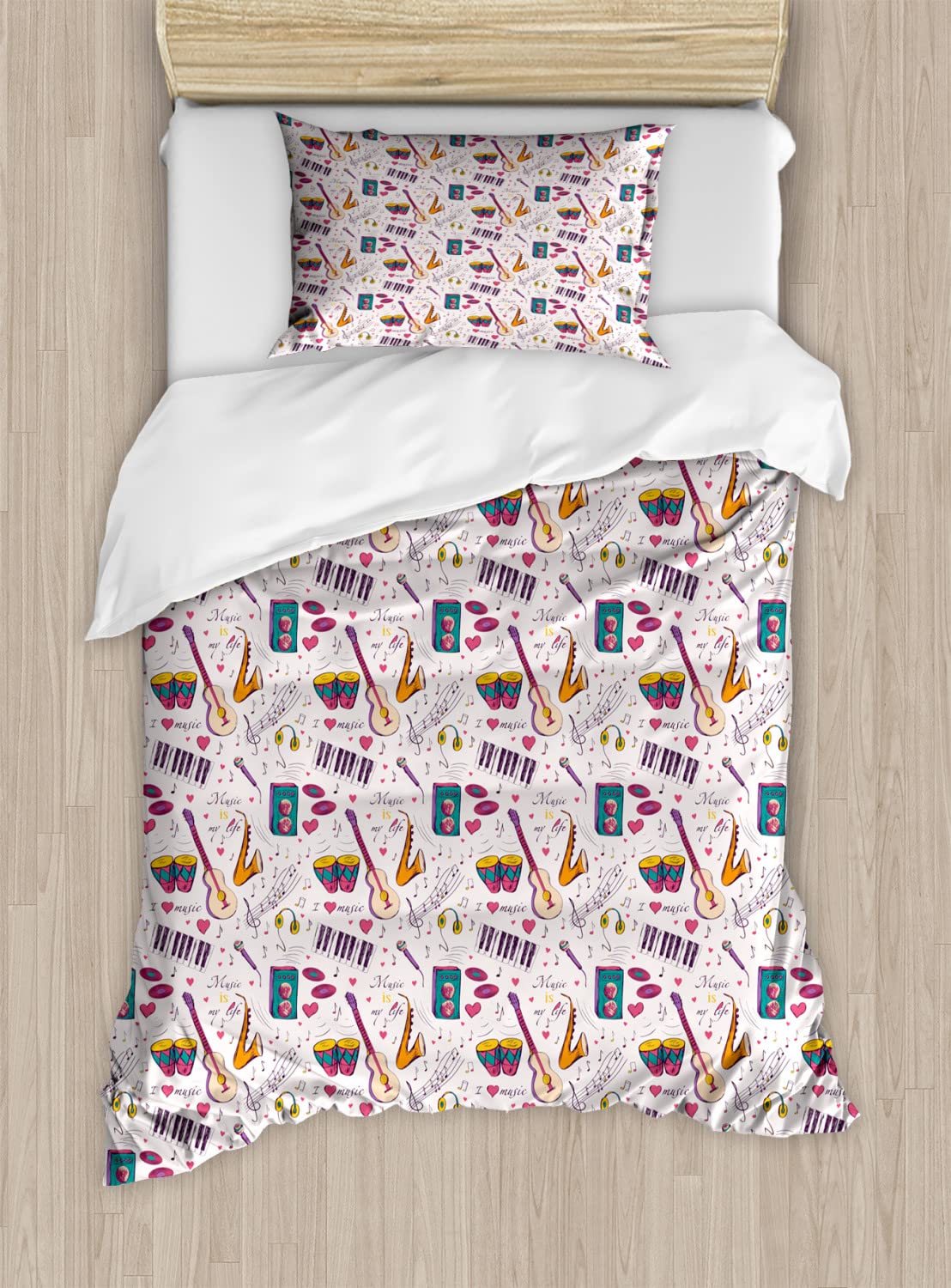 Ambesonne Music Duvet Cover Set - Drums, Speakers, Keyboard, Headphones, Records, Blues Music Theme, 2 Duvet Covers & 4 Pillowcases, 2 Pack California King Size, Multicolor - Perfect for Music Lovers' Bedroom Decor