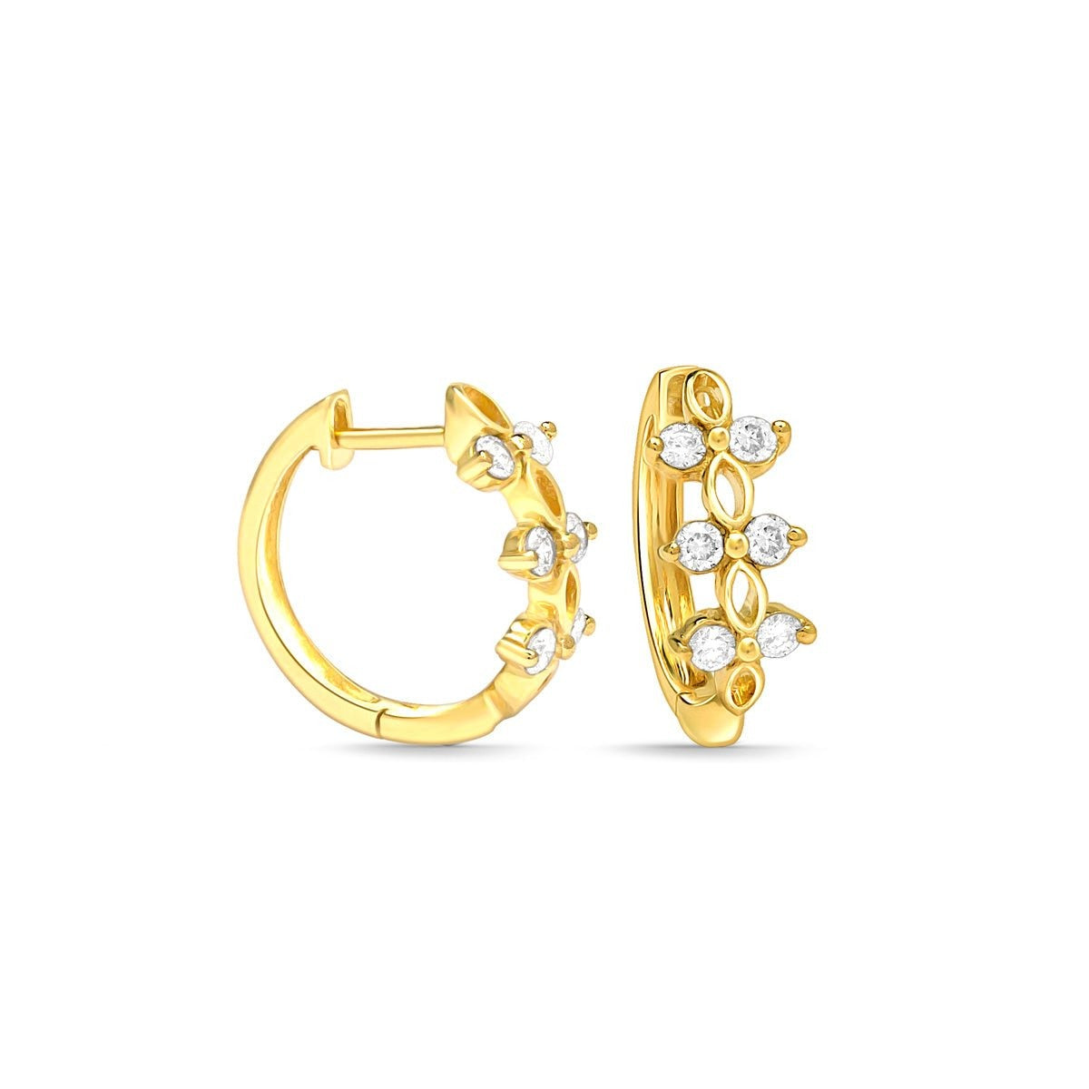 14K Yellow Gold Floral Diamond Huggie Hoop Earrings for Women - Elegant Everyday & Special Occasion Jewelry Gift