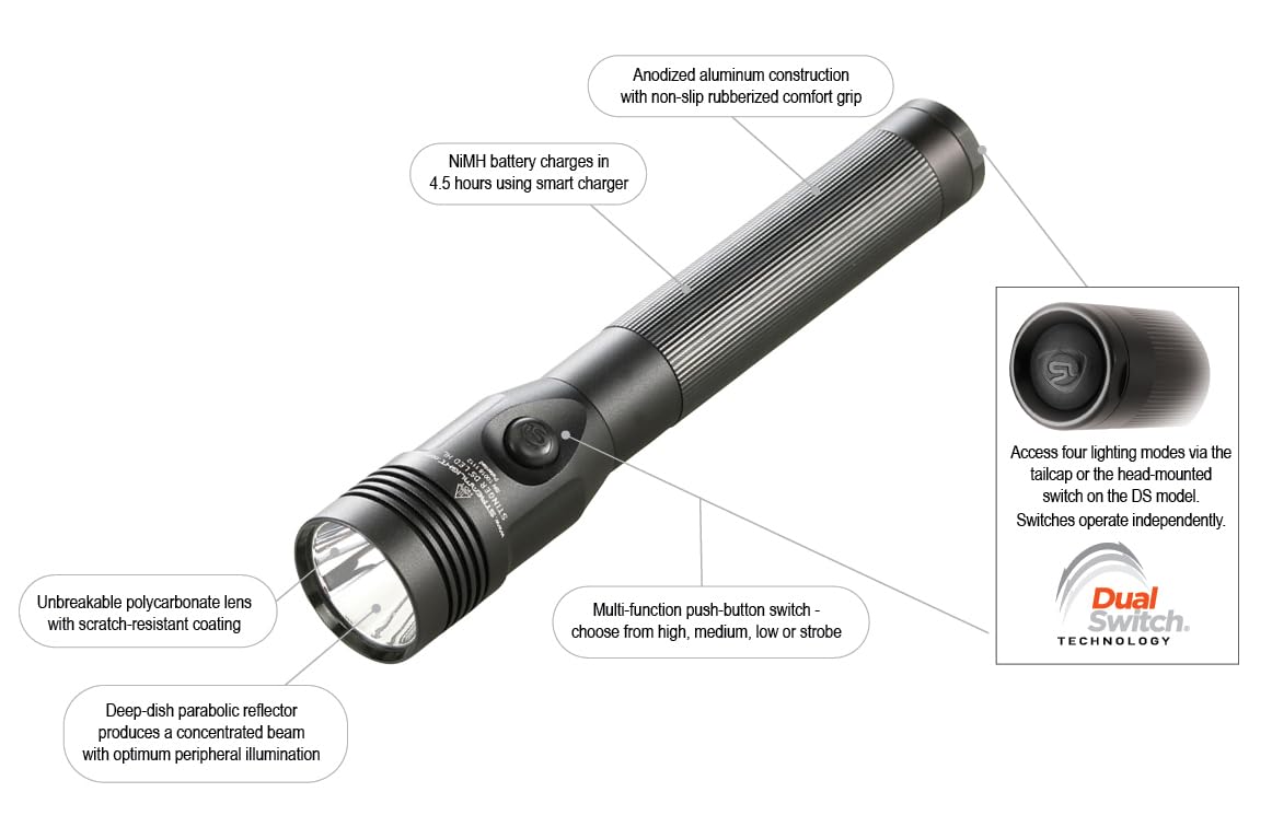 Streamlight 75458 Stinger DS LED HL 800-Lumen Rechargeable Flashlight with Dual Switch & Smart Charger (NiMH) - Black - Perfect for Law Enforcement, Security, and Outdoor Adventures