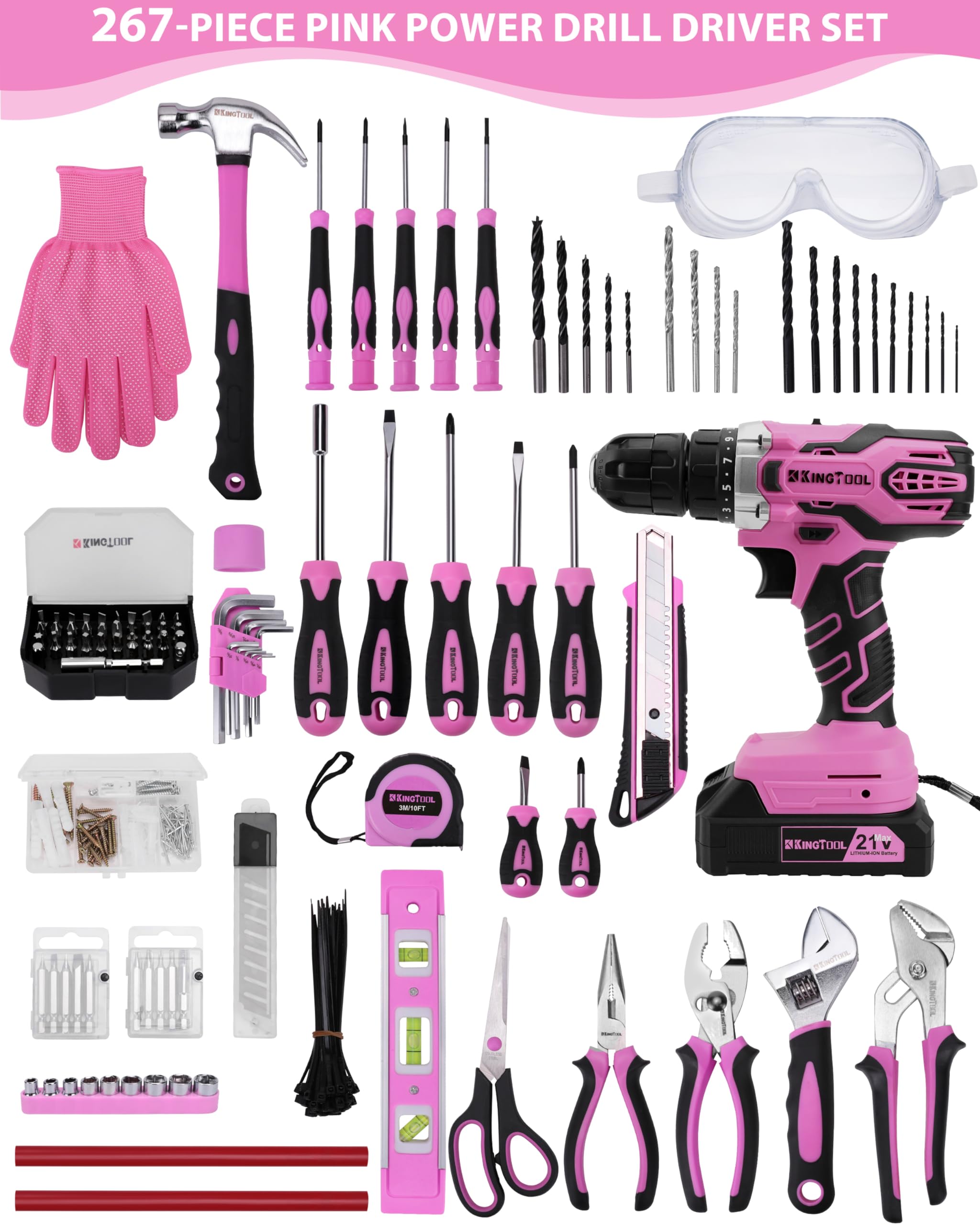 **KingTool 267-Piece Pink Tool Kit Set with 21V Cordless Power Drill Driver & Storage Bag - Women's Home DIY Tool Kit for House Repairs, Crafting, and DIY Projects**