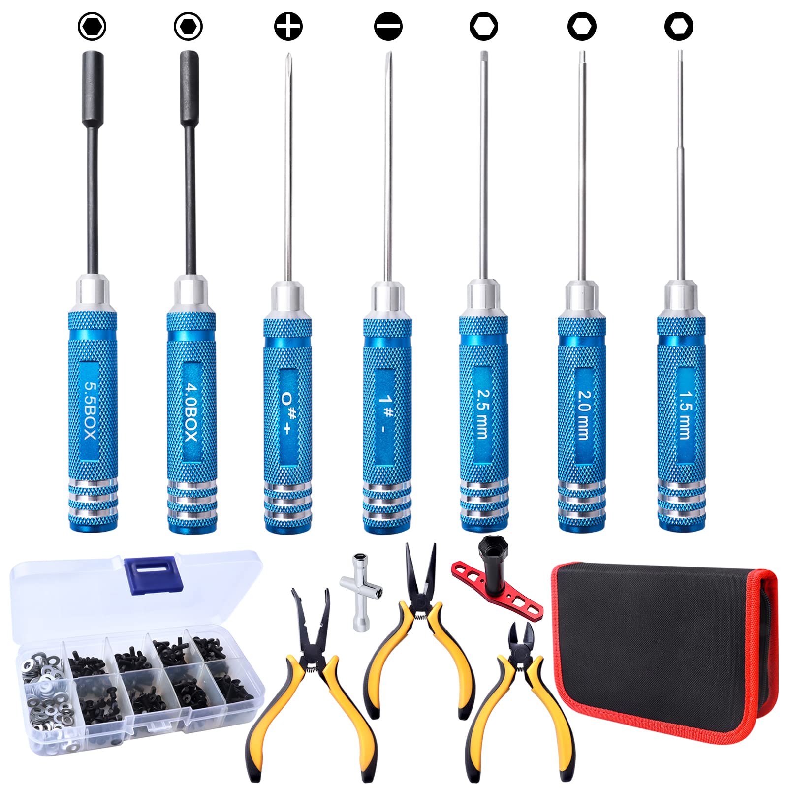 RC Tool Kit & Screwdriver Set with Flat/Phillips/Hex Bits, Pliers, Wrench - Complete Repair Tools for Quadcopter, Drone, Airplane - Compatible with Traxxas, Arrma, Axial, Redcat, Losi RC Models - Perfect for DIY Maintenance & Field Repairs