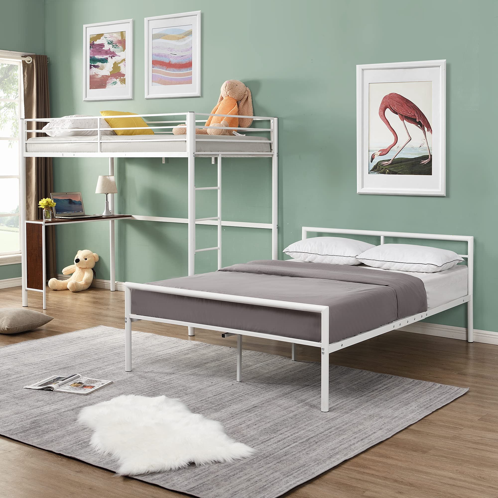 **Metal Twin Over Full Bunk Bed with Built-in Desk & Guardrail - Space-Saving Loft Bed with Flat Steps Ladder, White - Perfect for Kids' Rooms, Dorms & Small Apartments**