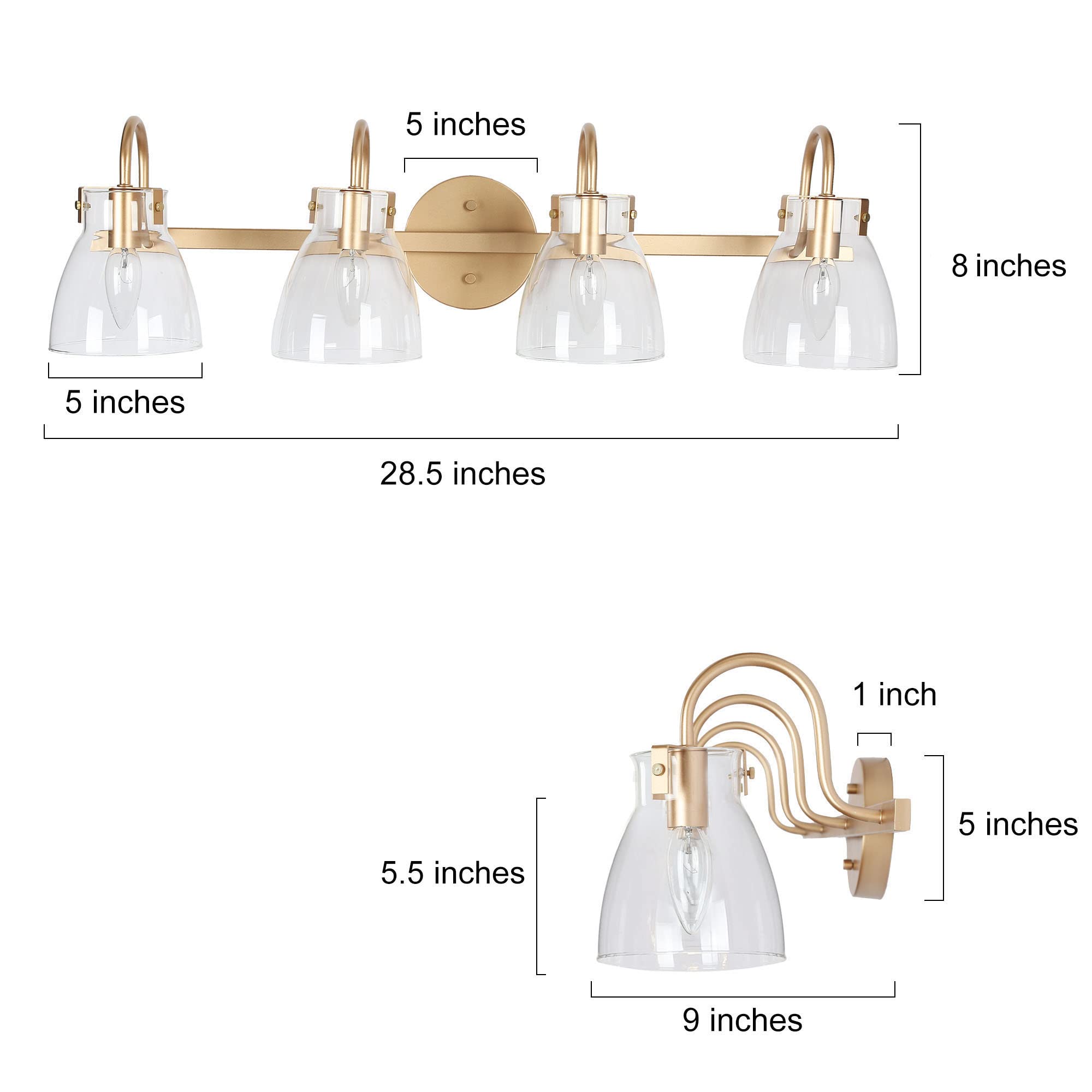 KSANA Gold Vanity Lights - 4 Light Bathroom Mirror Lighting with Clear Glass Shades for Modern Bathrooms