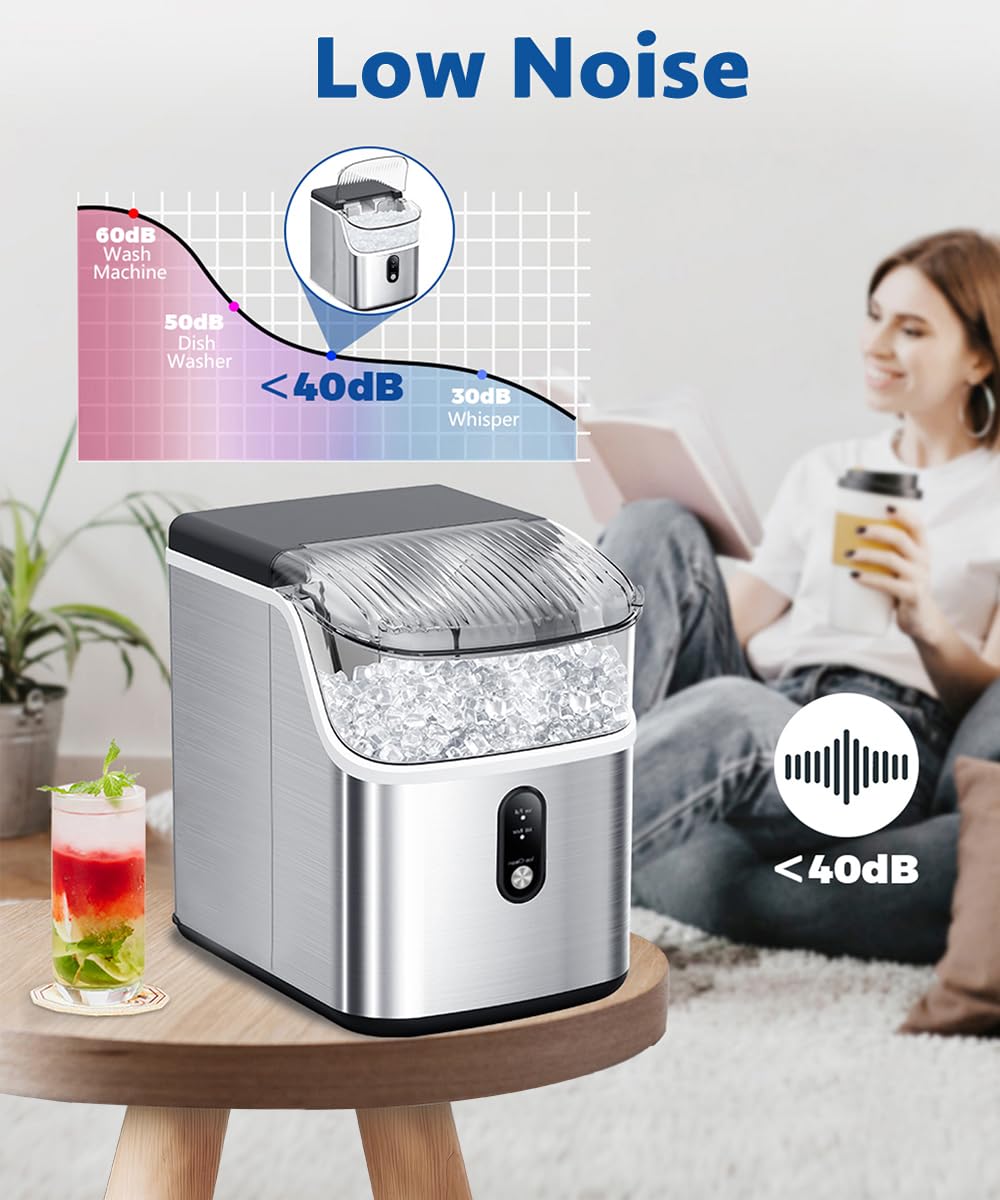 Portable Nugget Ice Maker Machine - 33lbs/Day, Self-Cleaning Countertop Ice Maker with Handle, Stainless Steel - Perfect for Home, Office, and Outdoor Use