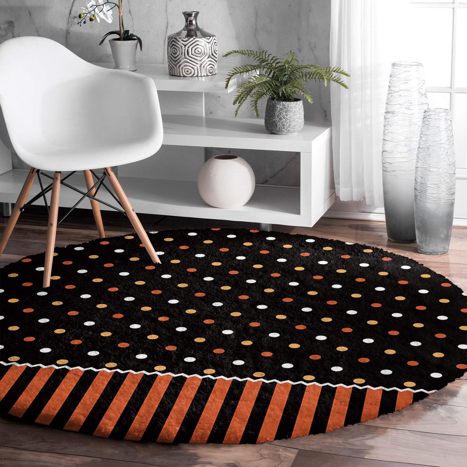 Halloween Round Carpet Area Rugs - Non-Slip Polka Dot Doormat with Orange Stripes, Water Absorbent Floor Mat for Living Room, Kids Room & Bedroom | Soft Shag Runner Cushion (60in) - Perfect for Halloween Decor, Entryway Protection & Cozy Home Decor