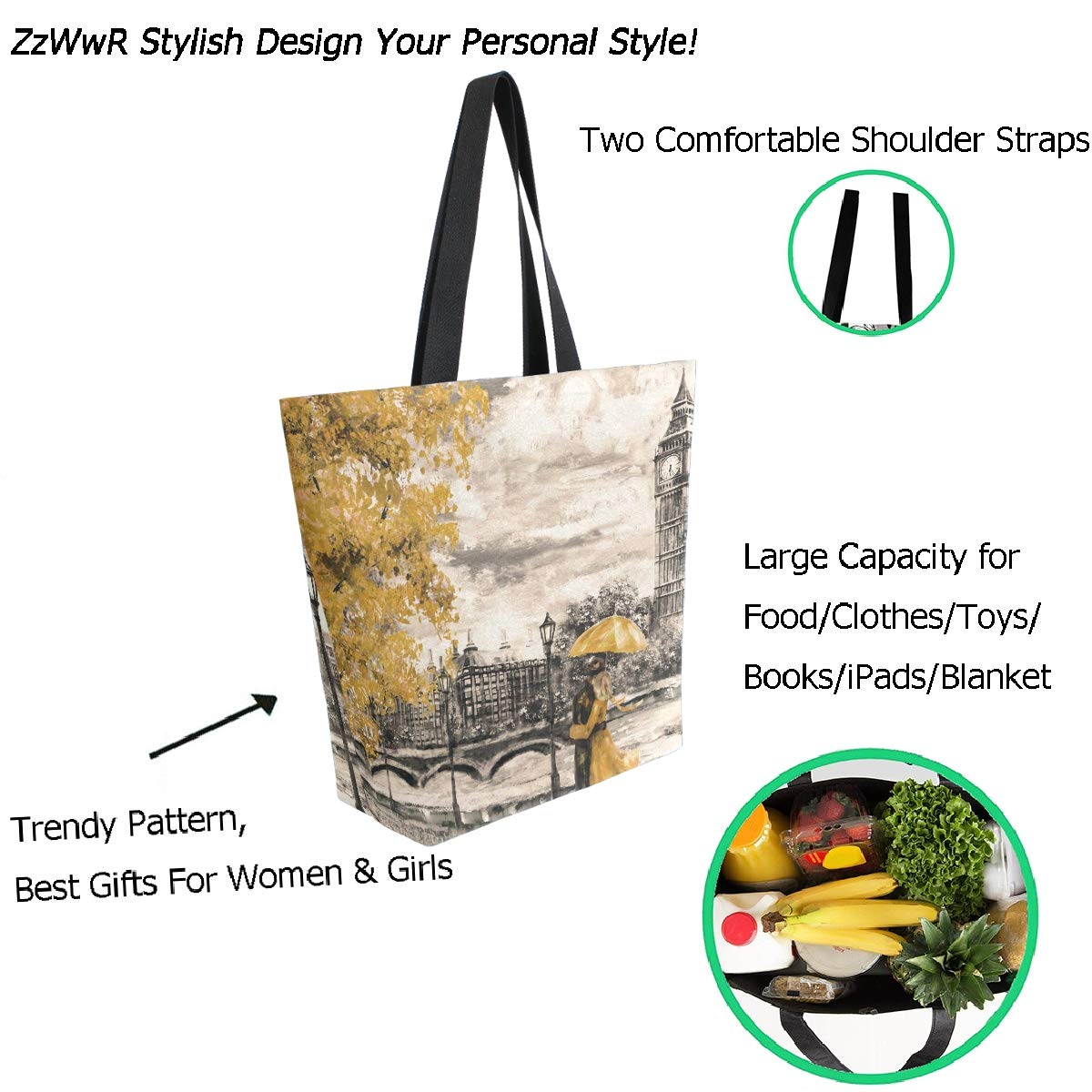 London Big Ben Painting Print Extra Large Canvas Tote Bag - Stylish Reusable Grocery Shopping Bag for Beach, Travel & Market Use - Portable Storage Handbag for Women & Men