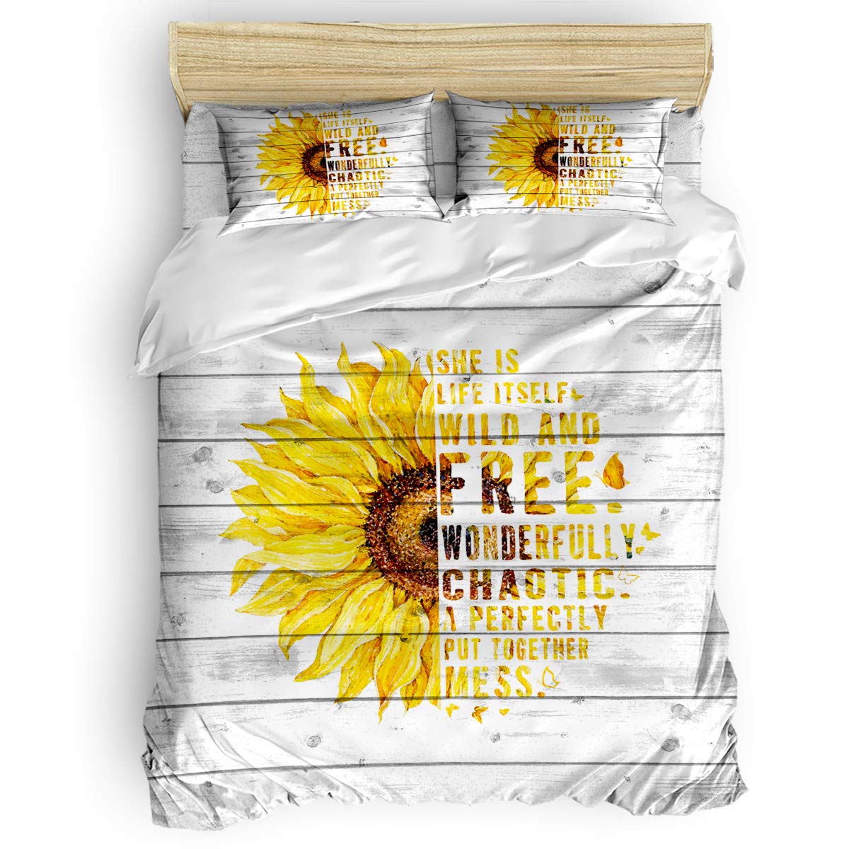 PartyShow 4-Piece Full Bedding Set - Round Sunflower & Butterfly Print Comforter Cover with 2 Pillowcases for Kids' Bedroom (Girls/Boys) - Retro Wood Grain Design | Perfect for Children's Room Decor, Sleepovers & Cozy Bedtime
