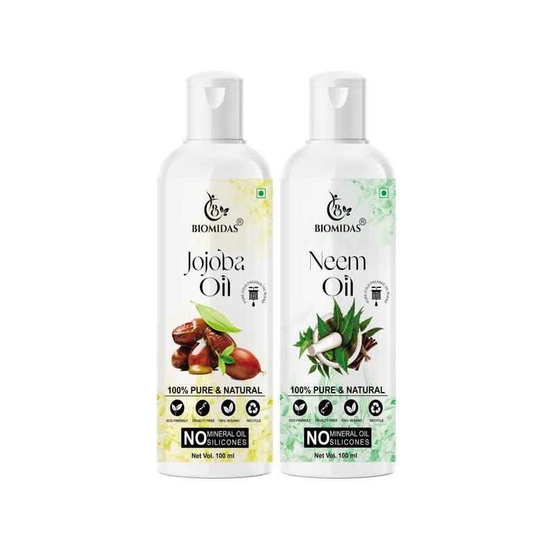 Biomidas 100% Pure Jojoba Oil & Neem Oil Combo Set - 100ML Each for Hair Growth, Anti Hair Loss, Split Ends Repair & Shiny Hair Treatment (Pack of 2) - Perfect for Daily Hair Care & Scalp Nourishment