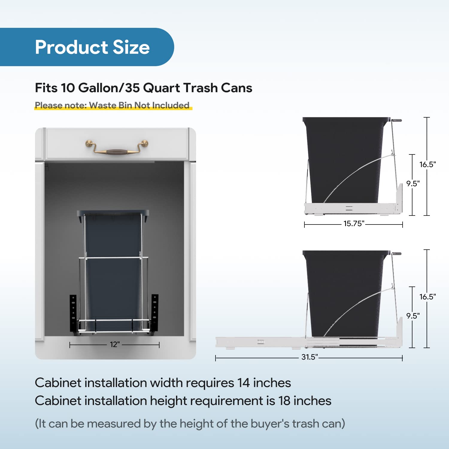 Under Cabinet Pull Out Trash Can Kit with Heavy Duty Ball-Bearing Slider - Chrome Silver | Space-Saving Waste Bin Solution for Kitchen, Bathroom & Office Organization