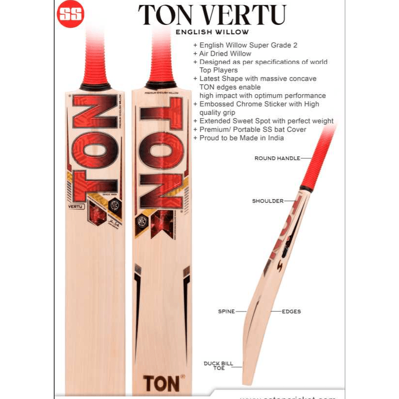 Premium SS Ton Vertu Adult Cricket Bat - High Performance for Professional & Recreational Play - Perfect for Matches, Training & Backyard Games