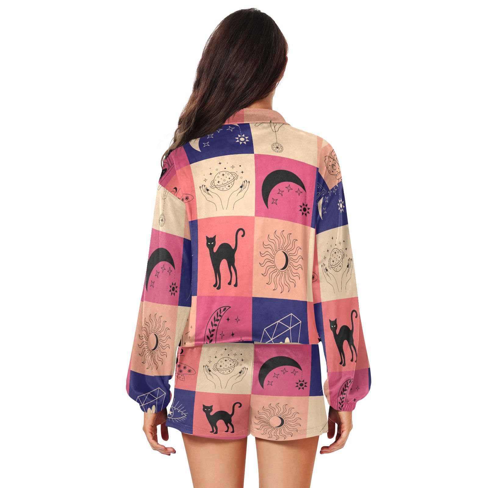 Women's Casual Sweatshirt and Lounge Shorts Set - Mystical Elements Print, Comfortable Loungewear for Yoga, Home Relaxation & Weekend Outings