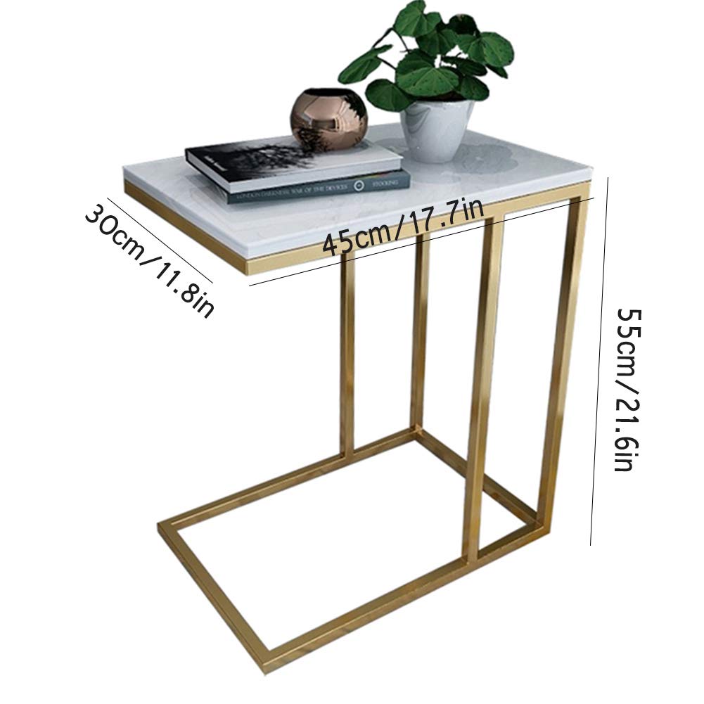 Marble Finish Gold Frame C-Shaped End Table - 21.6 Inch Home Snack Side Table for Sofa, Couch & Bedside | Perfect for Living Room, Laptop Use & Breakfast in Bed