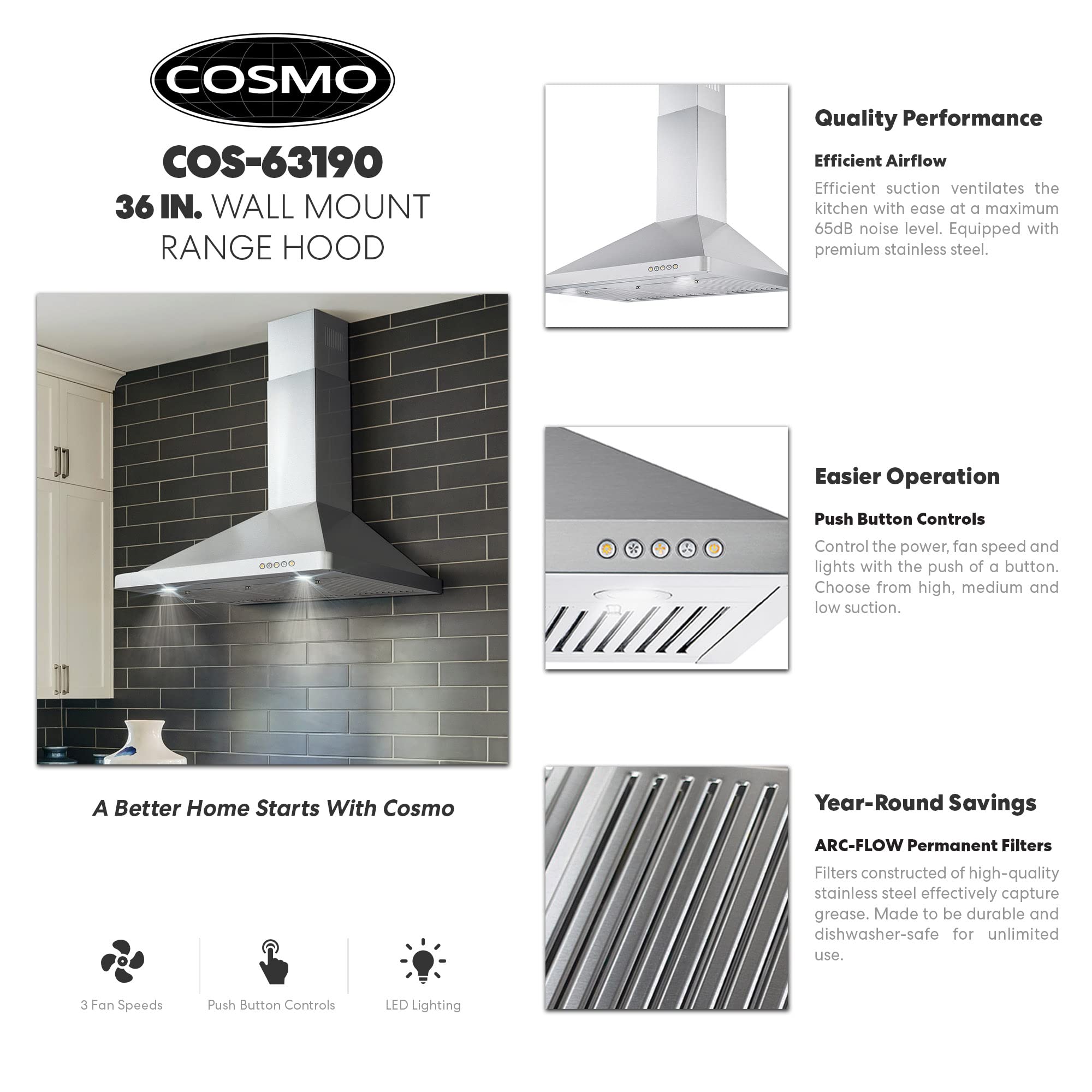 COSMO COS-63190 36-Inch Stainless Steel Wall Mount Range Hood - 380 CFM Ducted Ventilation with LED Lights & Button Controls | Perfect for Modern Kitchens & Open-Concept Homes