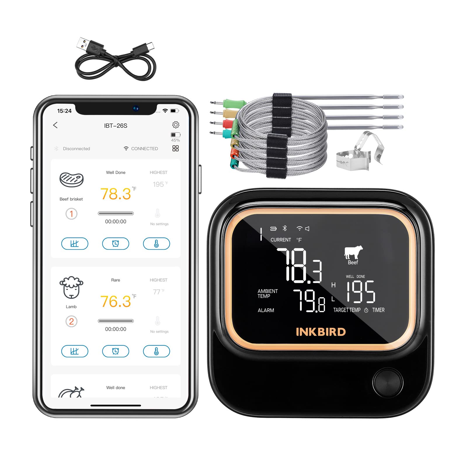 Inkbird IBT-26S 5GHz WiFi & Bluetooth 5.1 Wireless Meat Thermometer with 4 Probes - Smart BBQ Grill Thermometer for Smoking, Grilling, Roasting - APP Control, Alarm Timer, Backlit LCD, Rechargeable Battery - Perfect for Outdoor Cooking, Backyard Parties & Home Kitchen Use