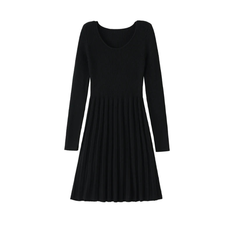 Black & Gray Elegant Knitted Pleated Mini Dress for Women - Slim O-Neck Long Sleeve A-Line Party Dress | Autumn Streetwear & Evening Robe | Perfect for Cocktail Parties, Date Nights & Office Wear