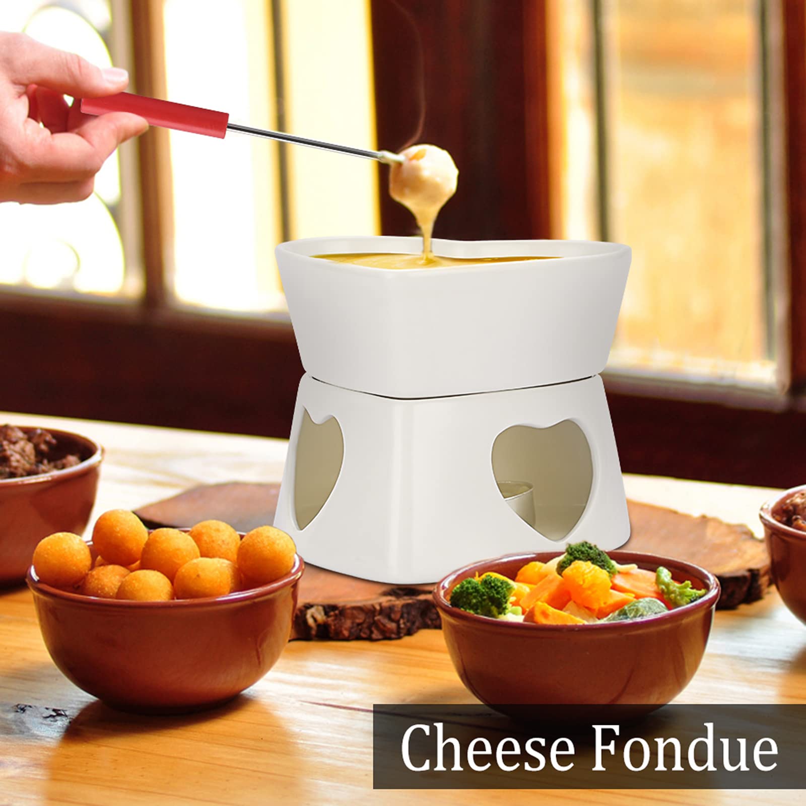 White Ceramic Butter Warmer Set - Heart Shaped Fondue Pot for Melting Cheese, Chocolate & Caramel - Includes 4 Forks - Perfect for Romantic Dinners, Parties & Family Gatherings