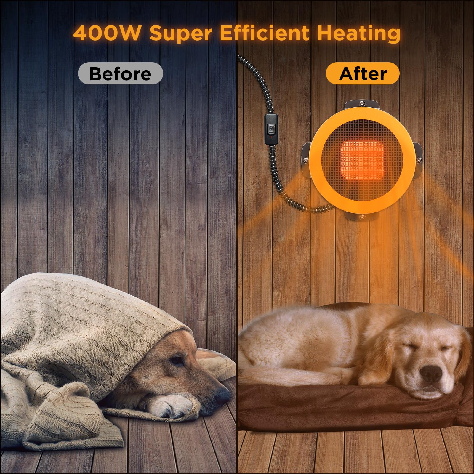 TURBRO 400W Wall Mount Dog House Heater with 10ft Anti-Bite Cord, Waterproof Control & Overheat Protection - Electric Pet Warmer for Kennels, Cat Cages, Chicken Coops & Rabbit Hutches (UL Certified) - Perfect for Outdoor Winter Pet Shelter Heating